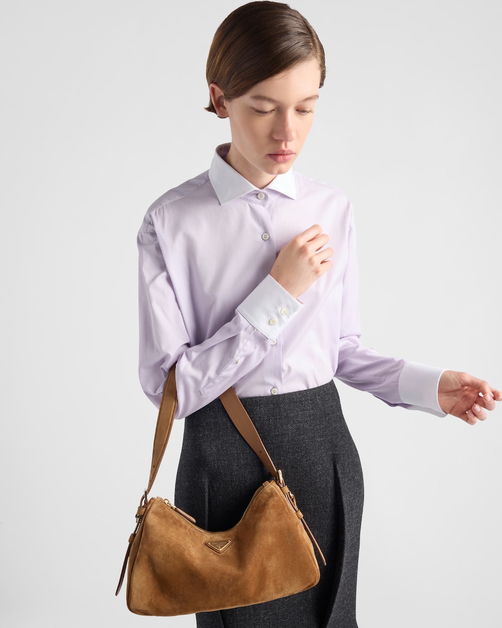Prada Aimée medium suede shoulder bag Cinnamon