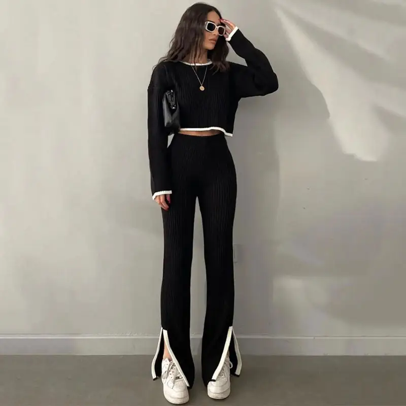 MANNI European Style Casual Winter Women's Two-Piece Outfits High Quality Knit Sweater Pant Suit Pullover Clothing