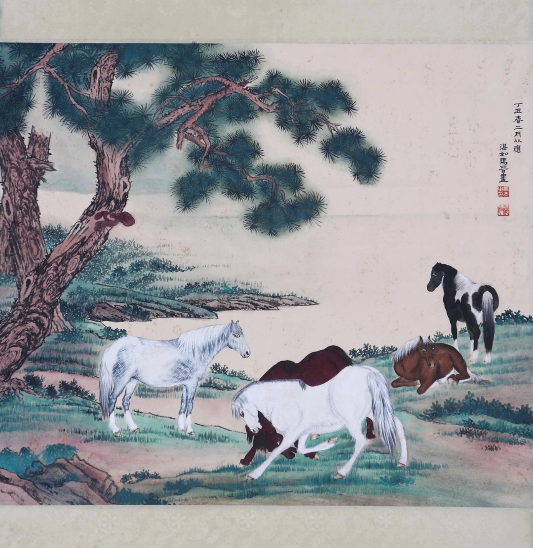 Ma Jin Chinese Painting *Five Horses*, Vertical Scroll, Exquisitely Mounted, Good Condition, Meticulous Brushwork, Bright Colors, With Mildew Spots, Size 56×65CM