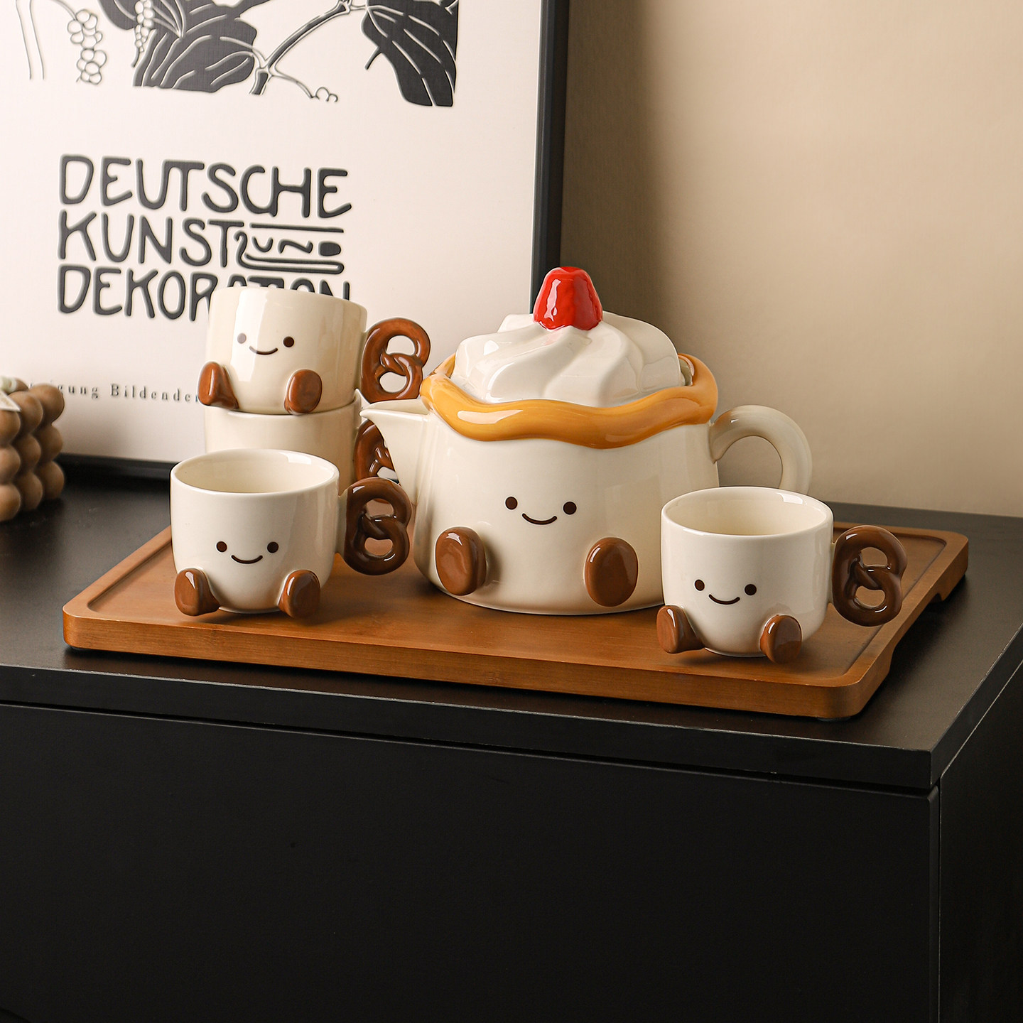 Cute Cream & Strawberry Ceramic Tea Set, Whimsical Smiley Face Teapot & Cup Set with Tray
