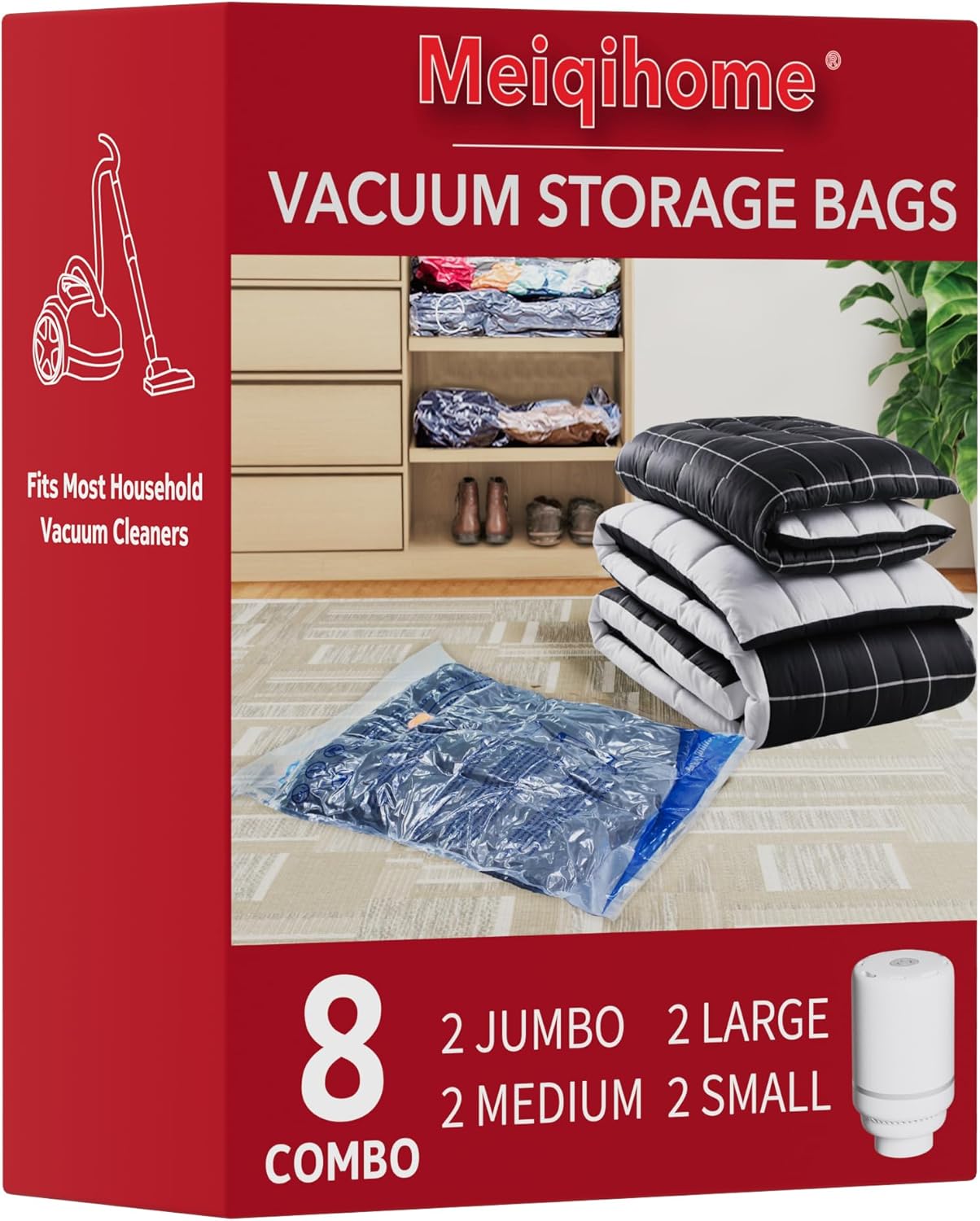 MEIQIHOME Juego de 16 Bolsas de Vacío con Bomba Eléctrica – 4J/4G/4M/4P – Bolsas de Compresión para Ropa, Ideal para Mudanza y Viaje