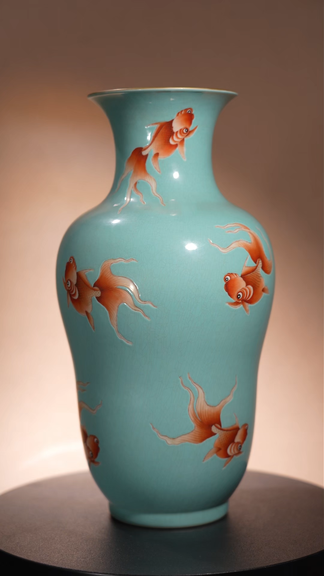 Ancient Chinese Turquoise-Green Glazed Vase with Iron-Red Gilt Goldfish Motifs