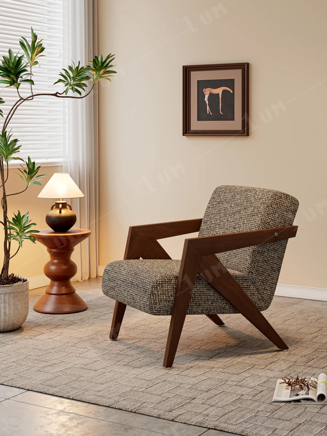 Vintage Style Wooden Frame Armchair, Ergonomic Leisure Chair for Coffee Shop, Reading Nook & Guest Room