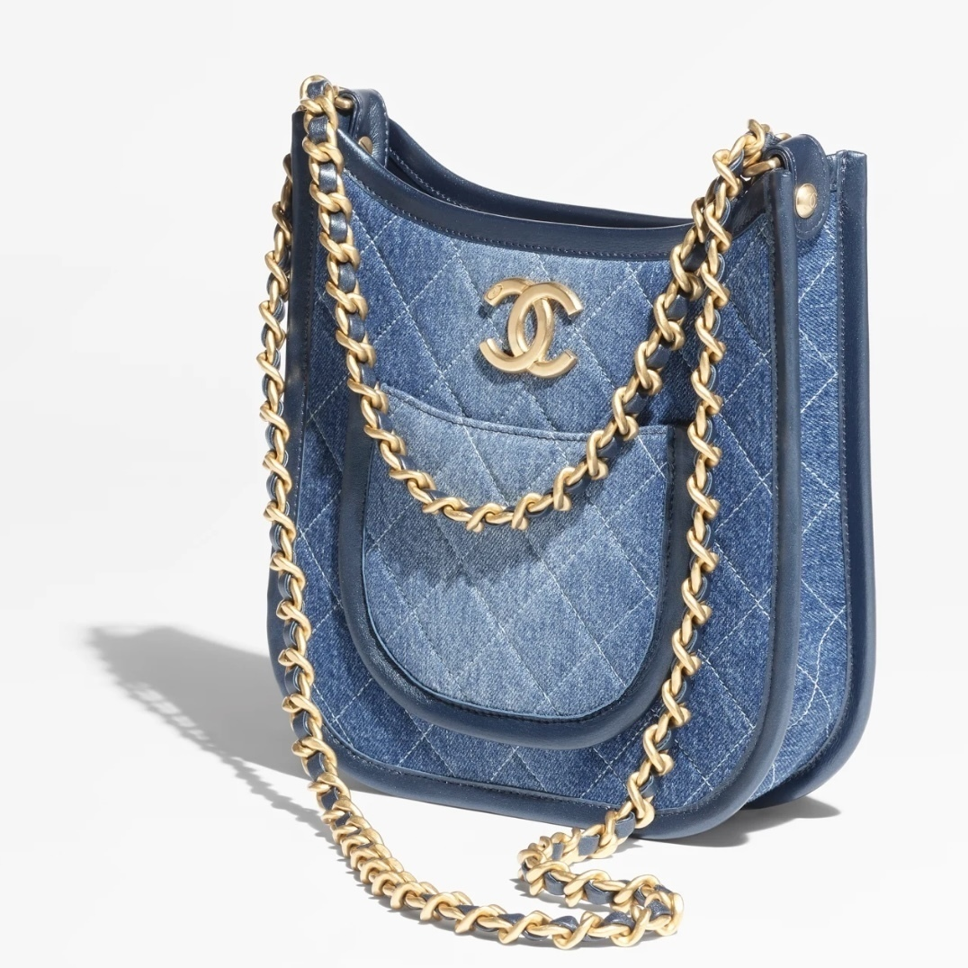 Chanel Hobo Handbag Washed Denim & Gold Blue