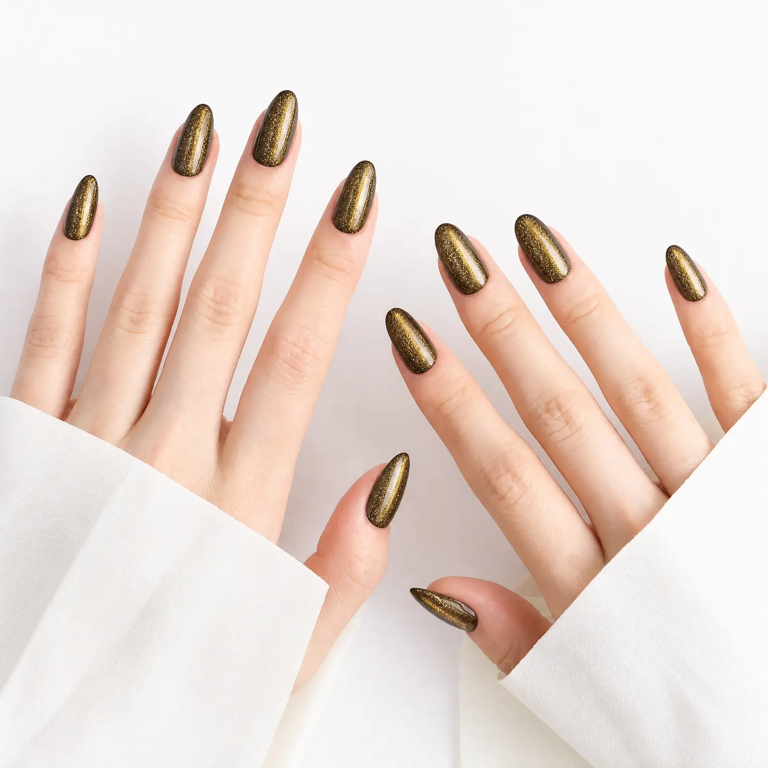 Golden Hour Black Gold Cat Eye Almond Press On Nails