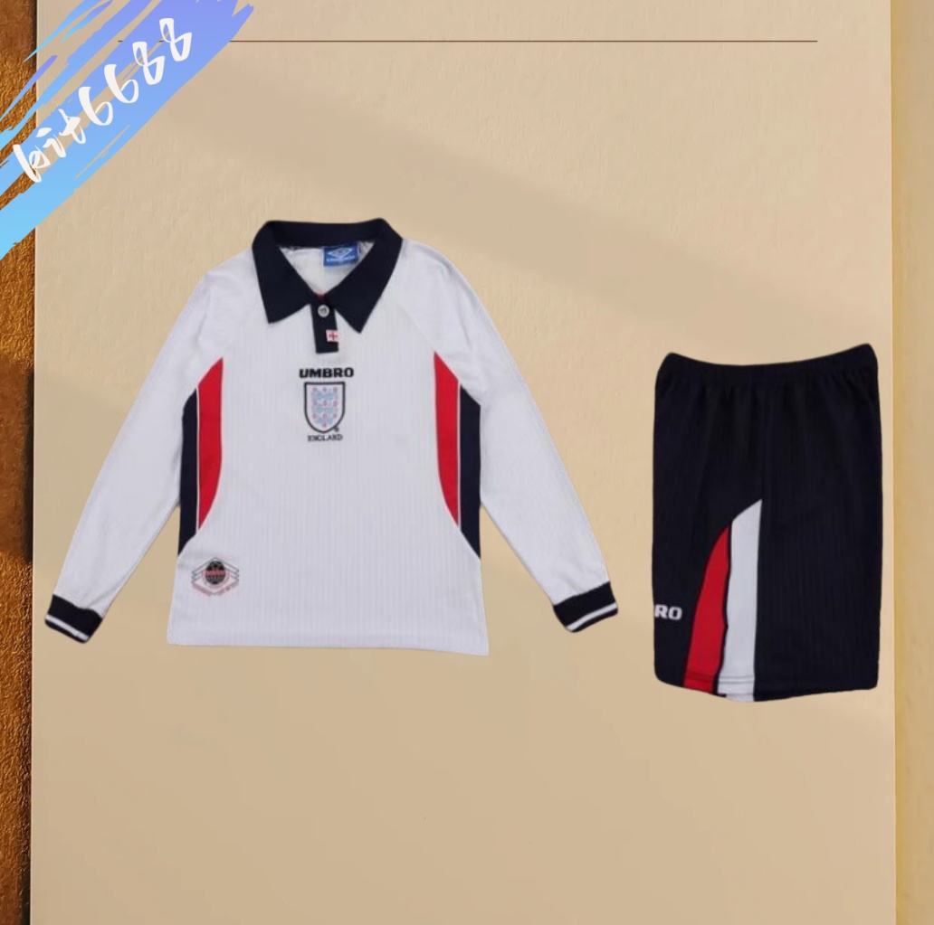 1998 England home  Retro long sleeves Football Soccer jerseys Kids suit