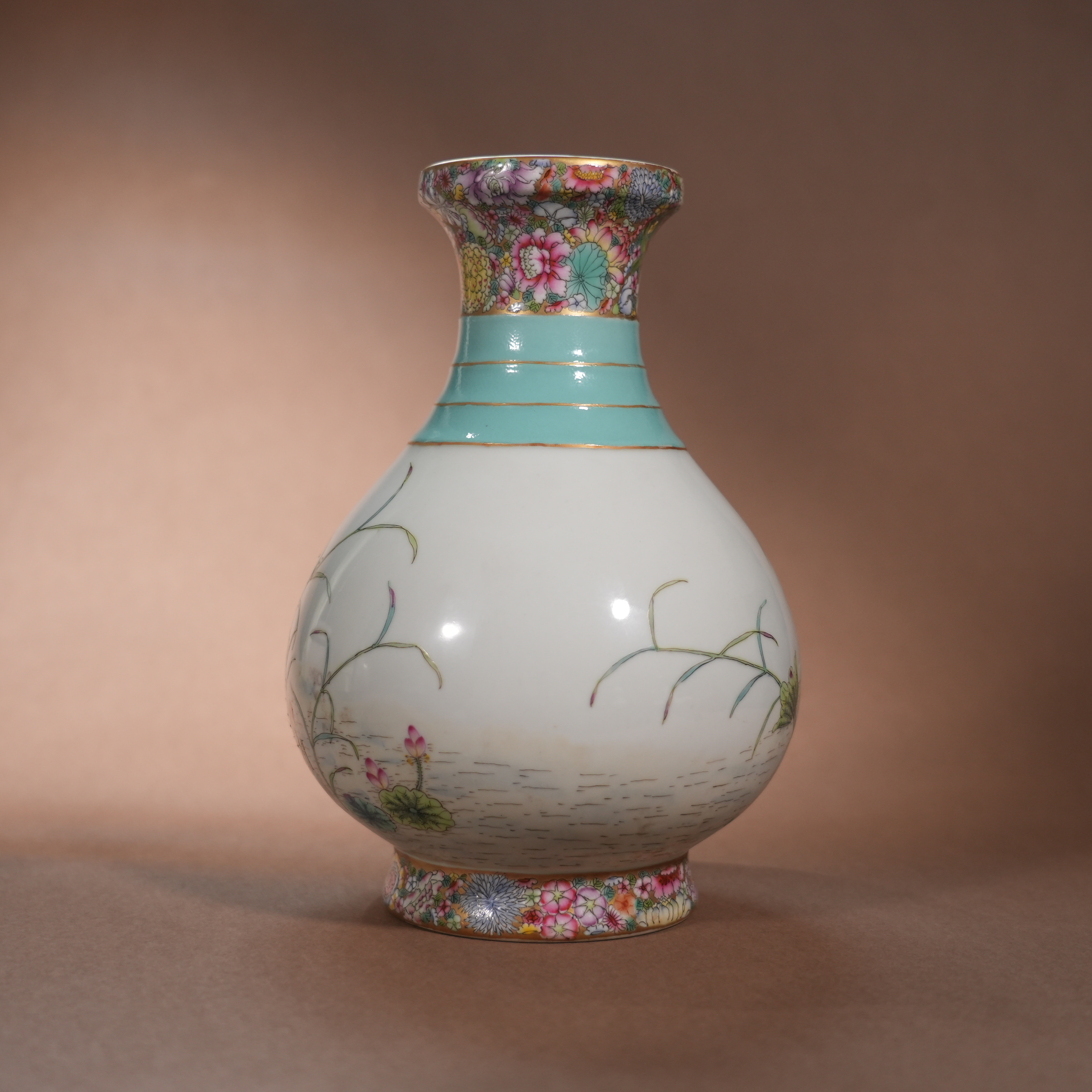 Ancient Chinese Famille Rose Vase with Lotus Pond and Heron Motifs