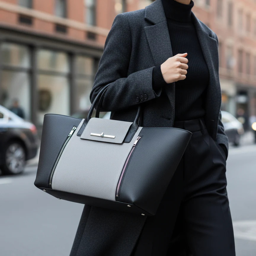 Black Gray Structured Tote