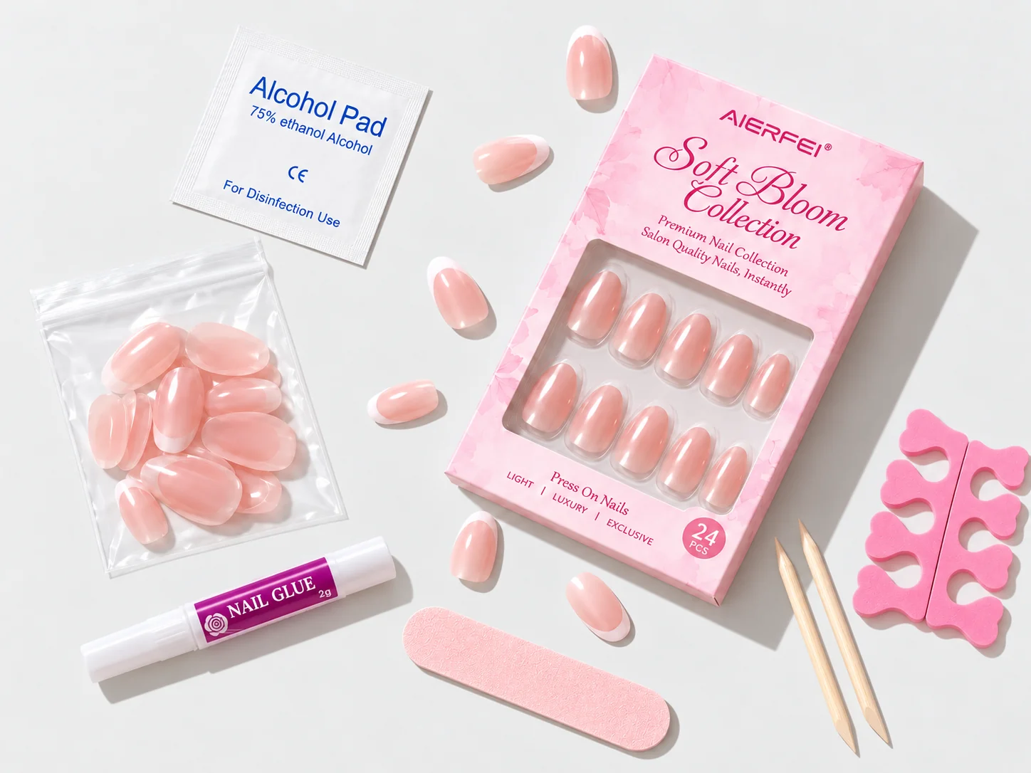 AIERFEI Soft Bloom pink press-on nail set with branded packaging, nail glue, nail file and accessories