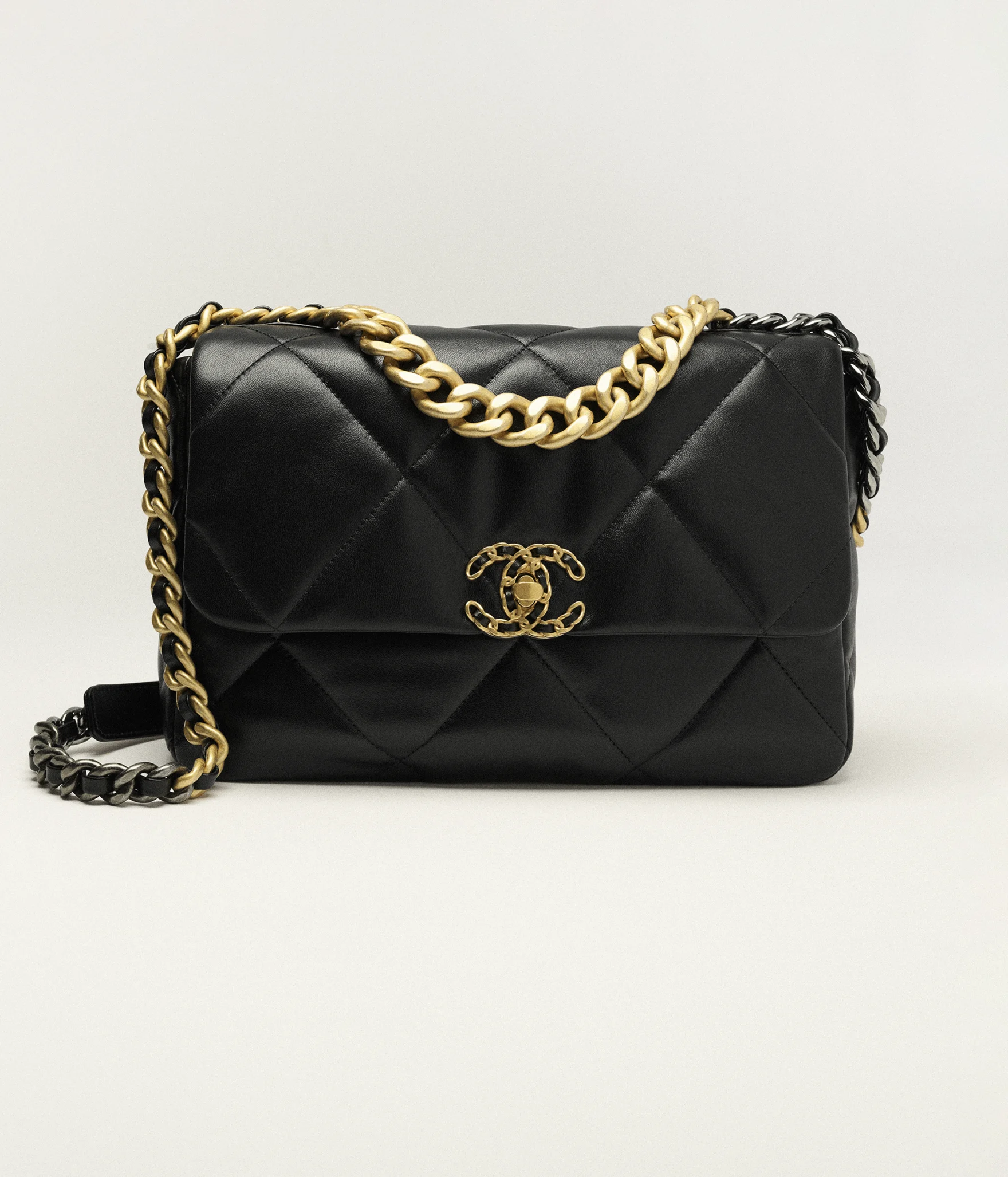 CHANEL 19 Large Handbag Shiny Lambskin, Gold-Tone, Silver-Tone & Ruthenium-Finish Metal Black