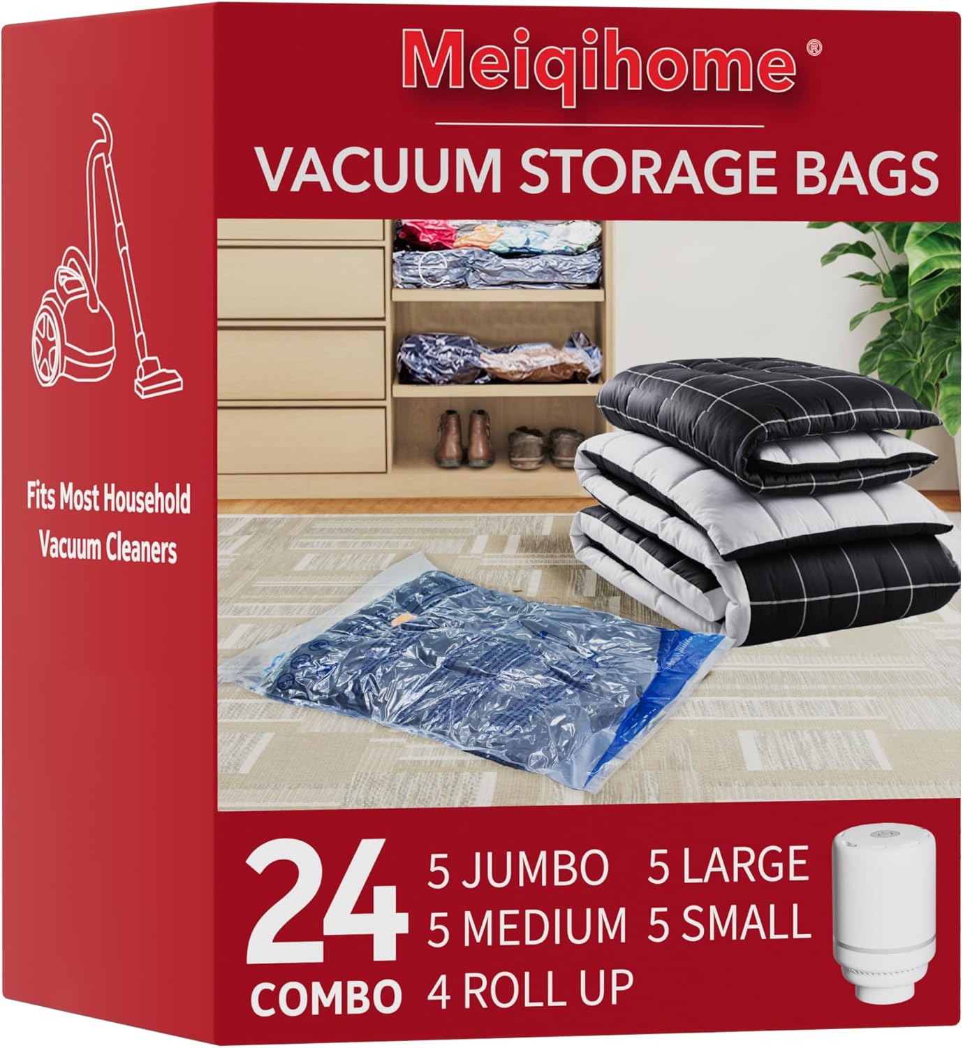 MEIQIHOME Juego de 16 Bolsas de Vacío con Bomba Eléctrica – 4J/4G/4M/4P – Bolsas de Compresión para Ropa, Ideal para Mudanza y Viaje