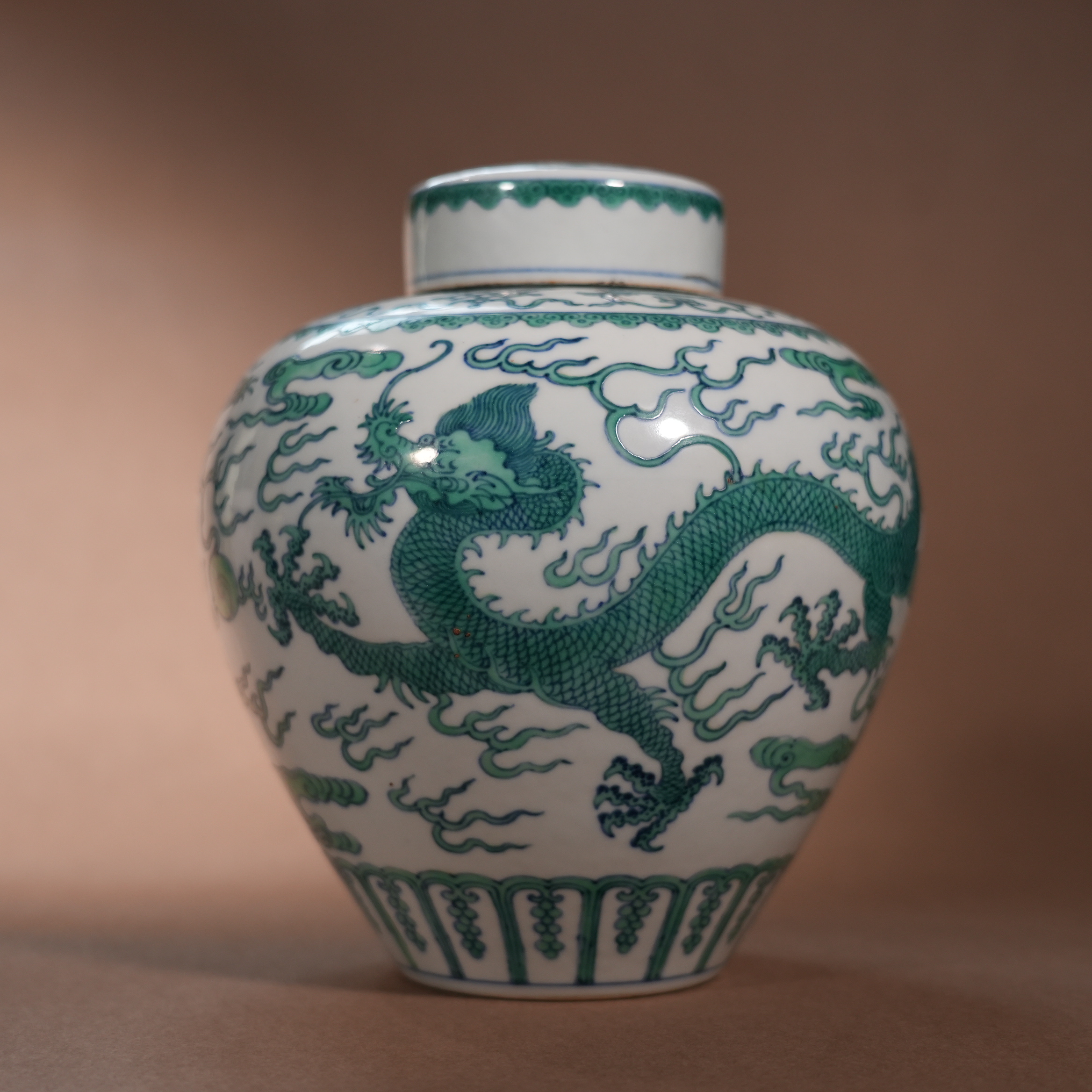 Ancient Chinese Doucai Covered Jar with Green Dragon Motifs