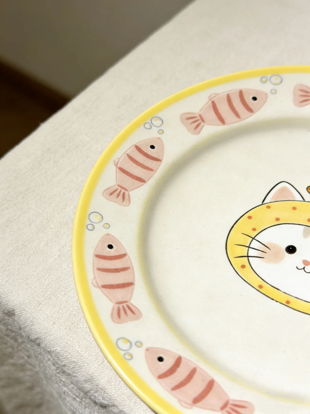 Hand-Painted Duck Hat Cat Ceramic Plate, Cute Cat & Fish Embossed Dinner Plate