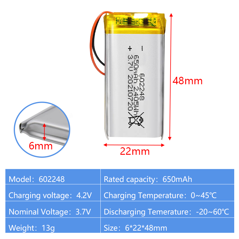 Pouch Lithium Ion Batteries 602050 602248 3.7v 600mAh 650mAh
