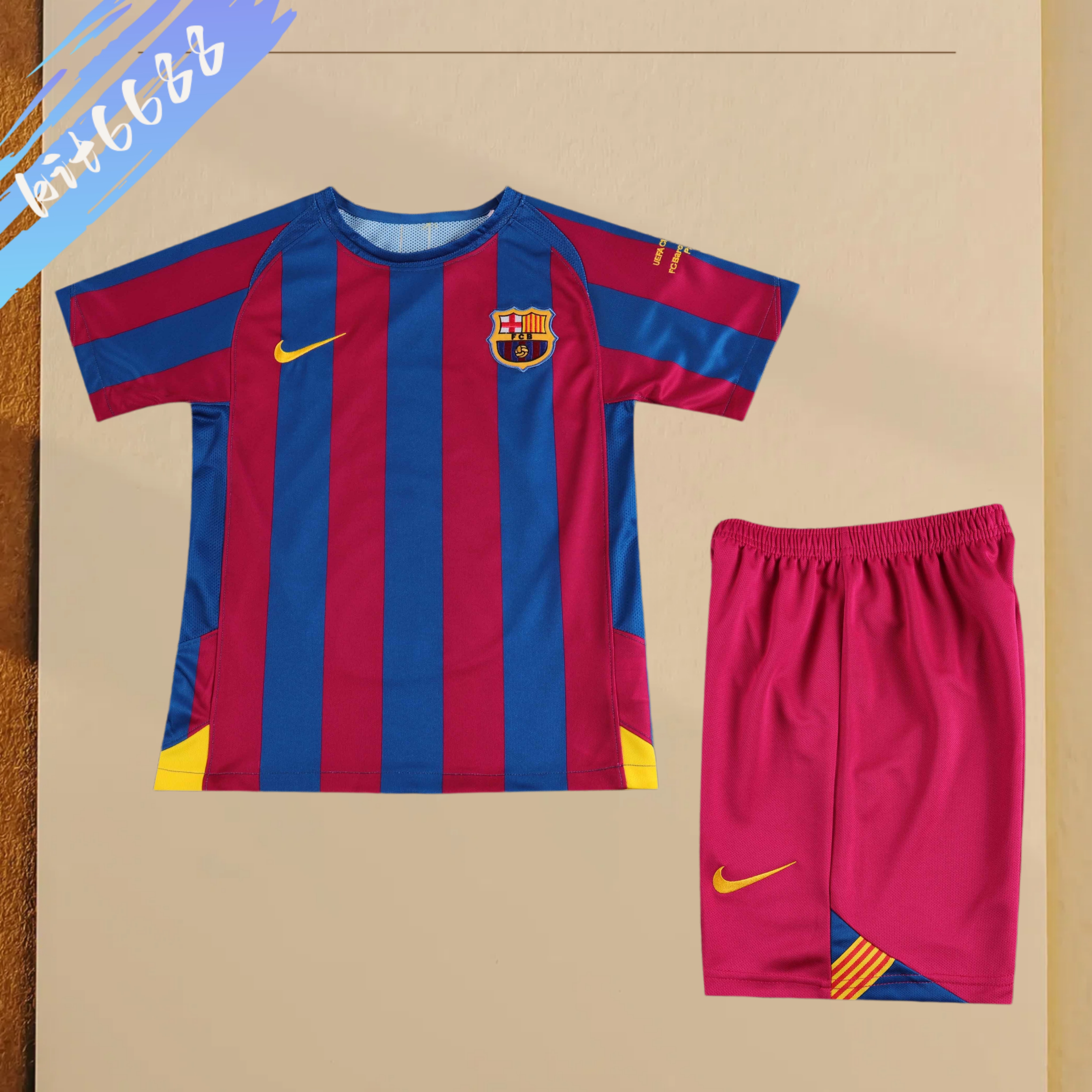 2005/2006 Barcelona home Champions League edition Retro Football Shirt (Kids Kit)