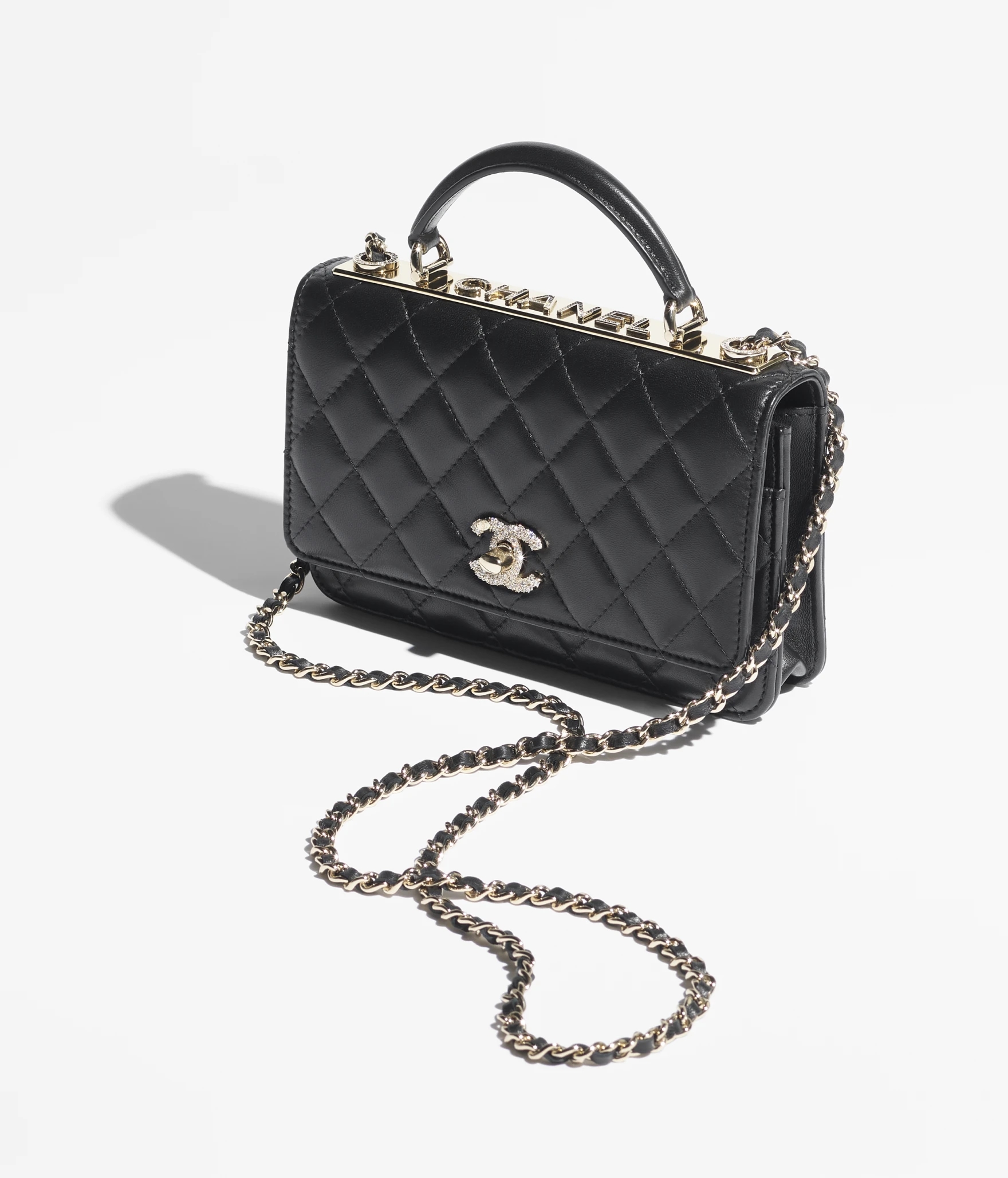 WALLET ON CHAIN Lambskin, Strass & Gold-Tone Metal Black