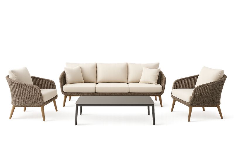 Set di mobili da giardino in rattan con cuscini crema