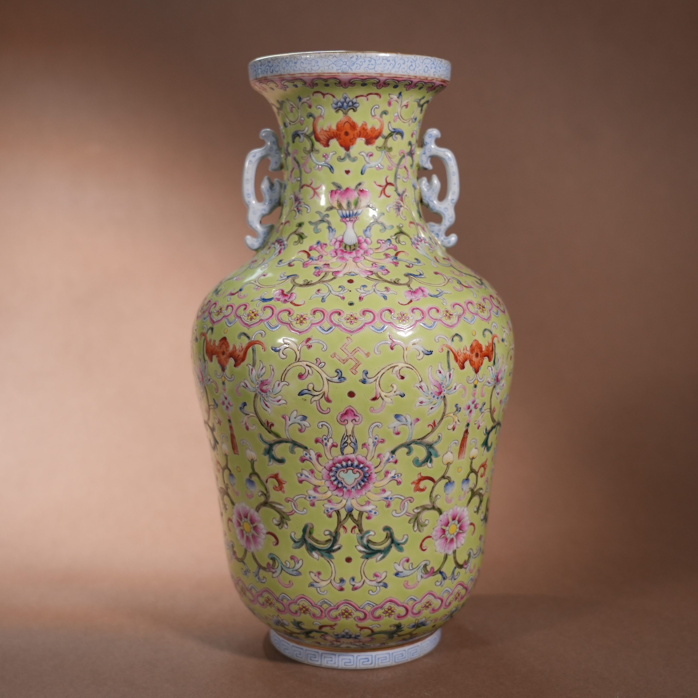 Ancient Chinese Famille Rose Double-Eared Vase with Longevity and Blessing Motifs