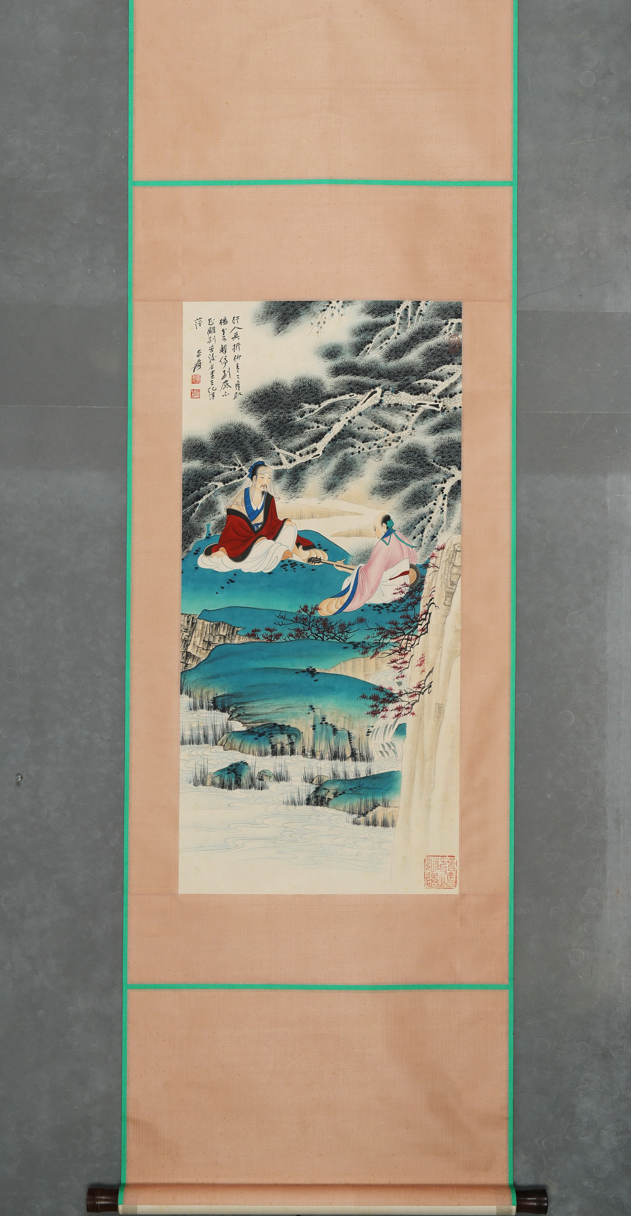Chinese Antique Painting Playing Qin Under Pine Tree by Zhang Daqian, Vertical Scroll, Well Mounted, Art Core 92×45 CM