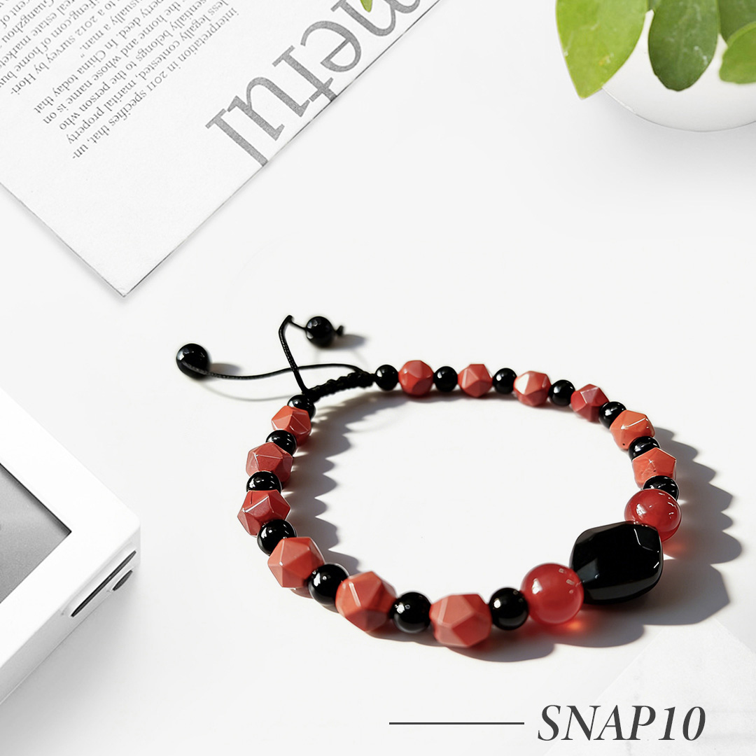 SNAP10-Faceted Red Stone Beaded Bracelet with Black Accent – Adjustable Handmade Bracelet