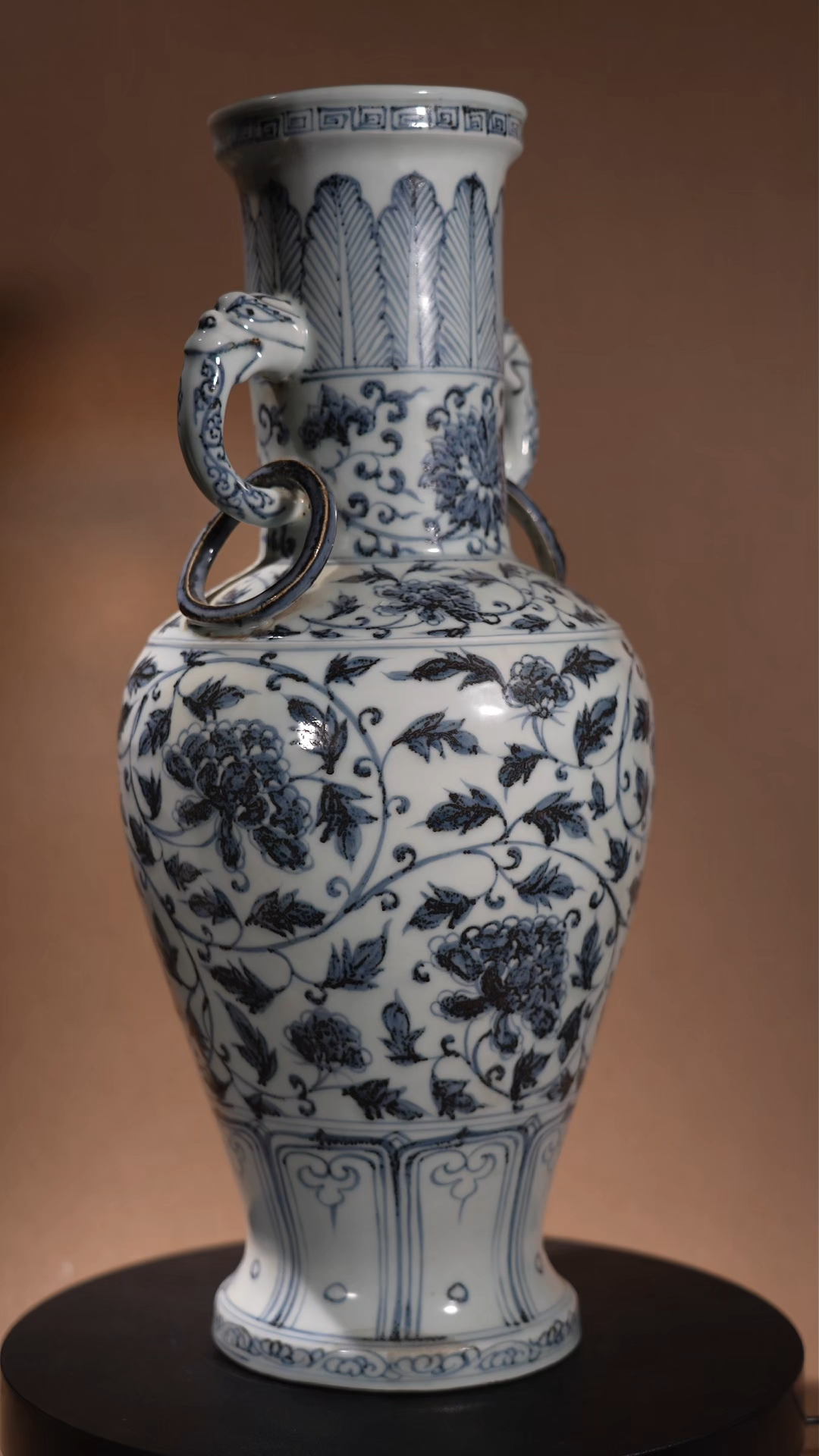 Ancient Chinese Blue and White Vase with Animal Handles and Ring Motifs