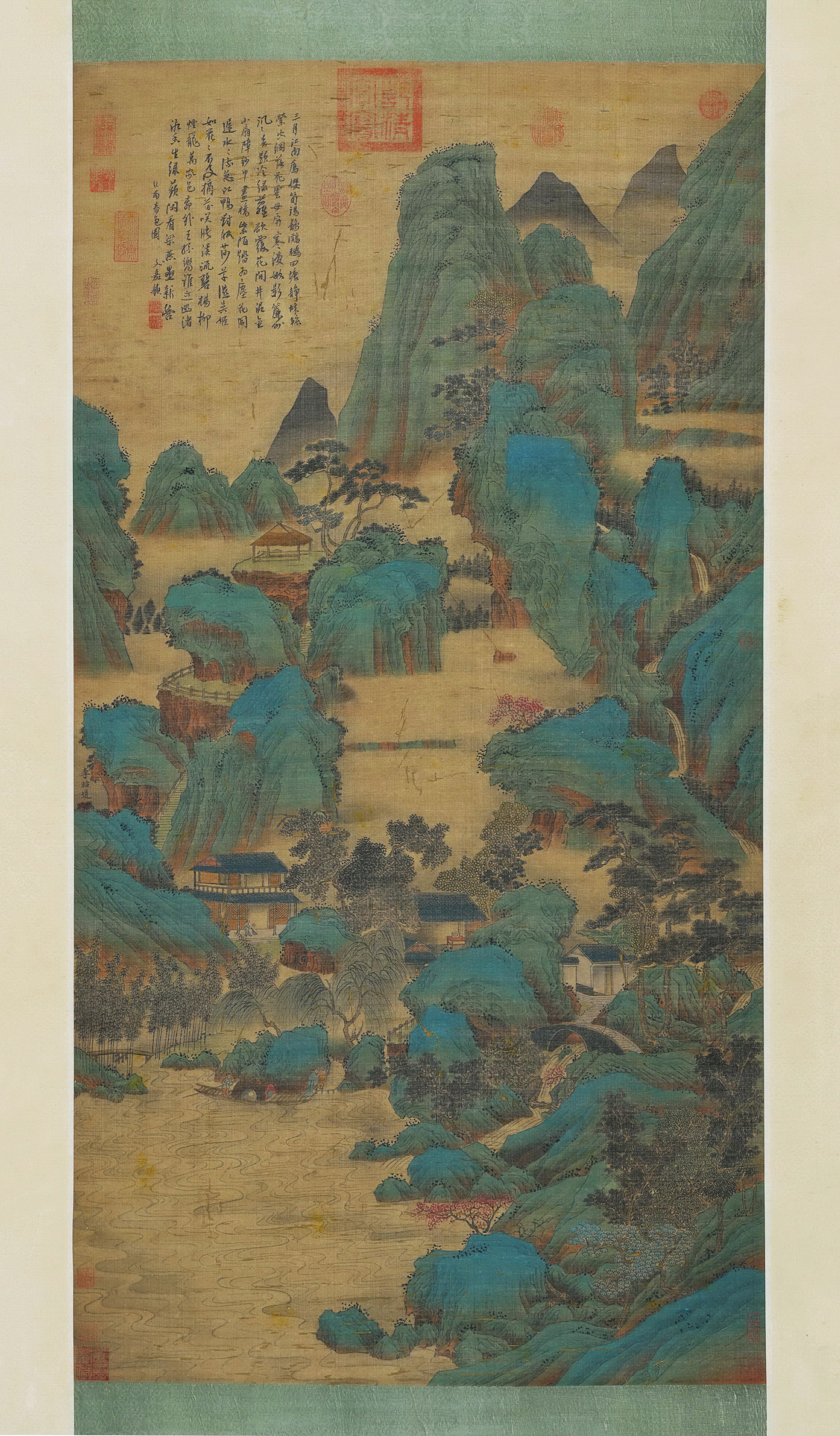 Ancient Chinese Painting Boating on Spring Lake by Li Zhaodao, Old Silk Scroll, Colophon by Wen Jia, Vertical Hanging Scroll, Exquisitely Mounted, Art Size 132×67CM