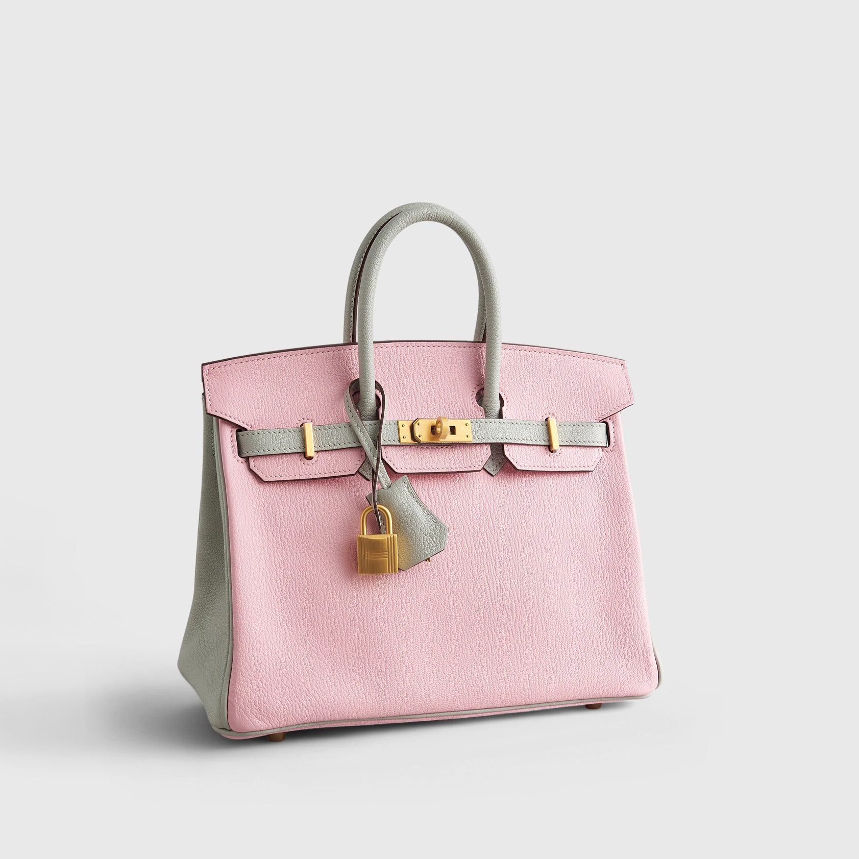 Hermès Birkin 25 Chevre Rose Sakura / Gris Perle Brushed Gold Hardware HSS