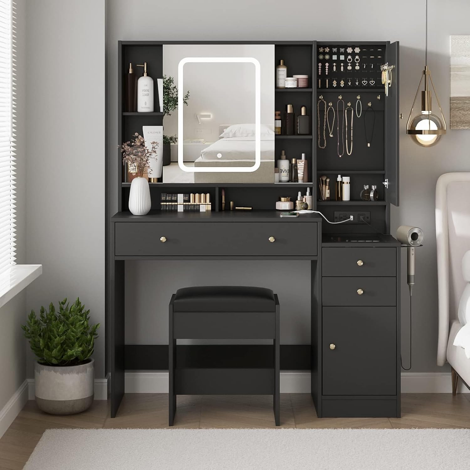 Vabches White Vanity Desk with Mirror and Lights. Vanity Table Makeup Vanity with Lights 3 Drawers and Cabinets. Charging Station & Sliding Door. Lots Storage Shelves