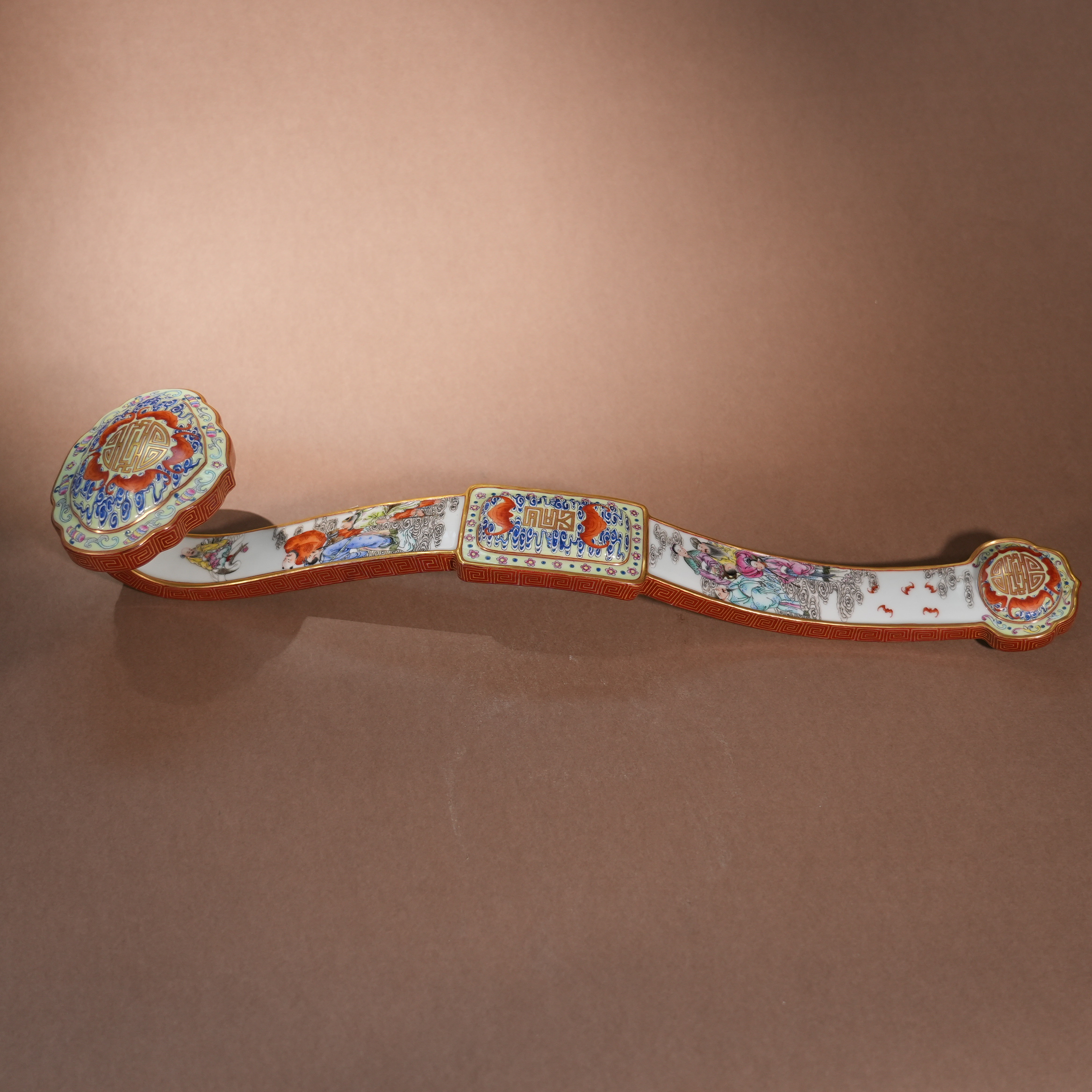 Ancient Chinese Famille Rose Ruyi Scepter with Immortals Celebrating Longevity Motifs