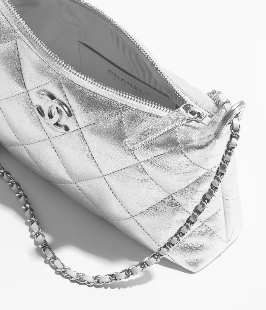 Hobo Handbag Metallic Calfskin & Silver-Tone Metal Silvery