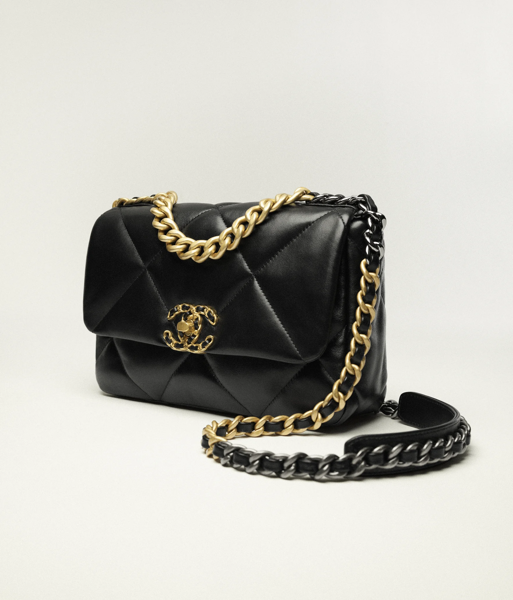 CHANEL 19 Handbag Shiny Lambskin, Gold-Tone, Silver-Tone & Ruthenium-Finish Metal Black