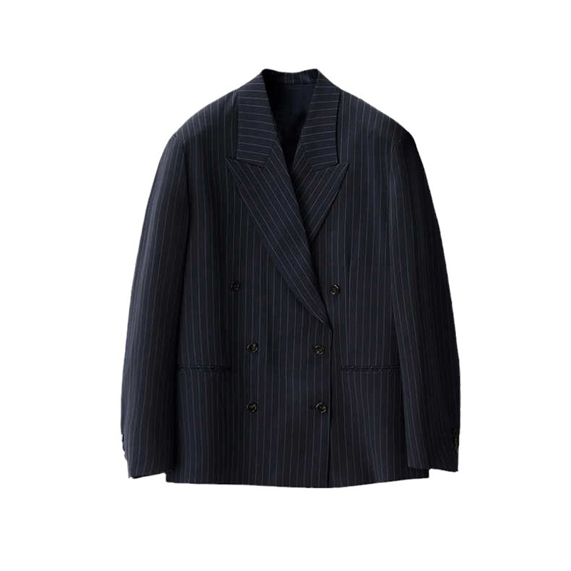 Stylish Retro commuter Loose Silhouette Striped Double-breasted Long-sleeved blazer Women