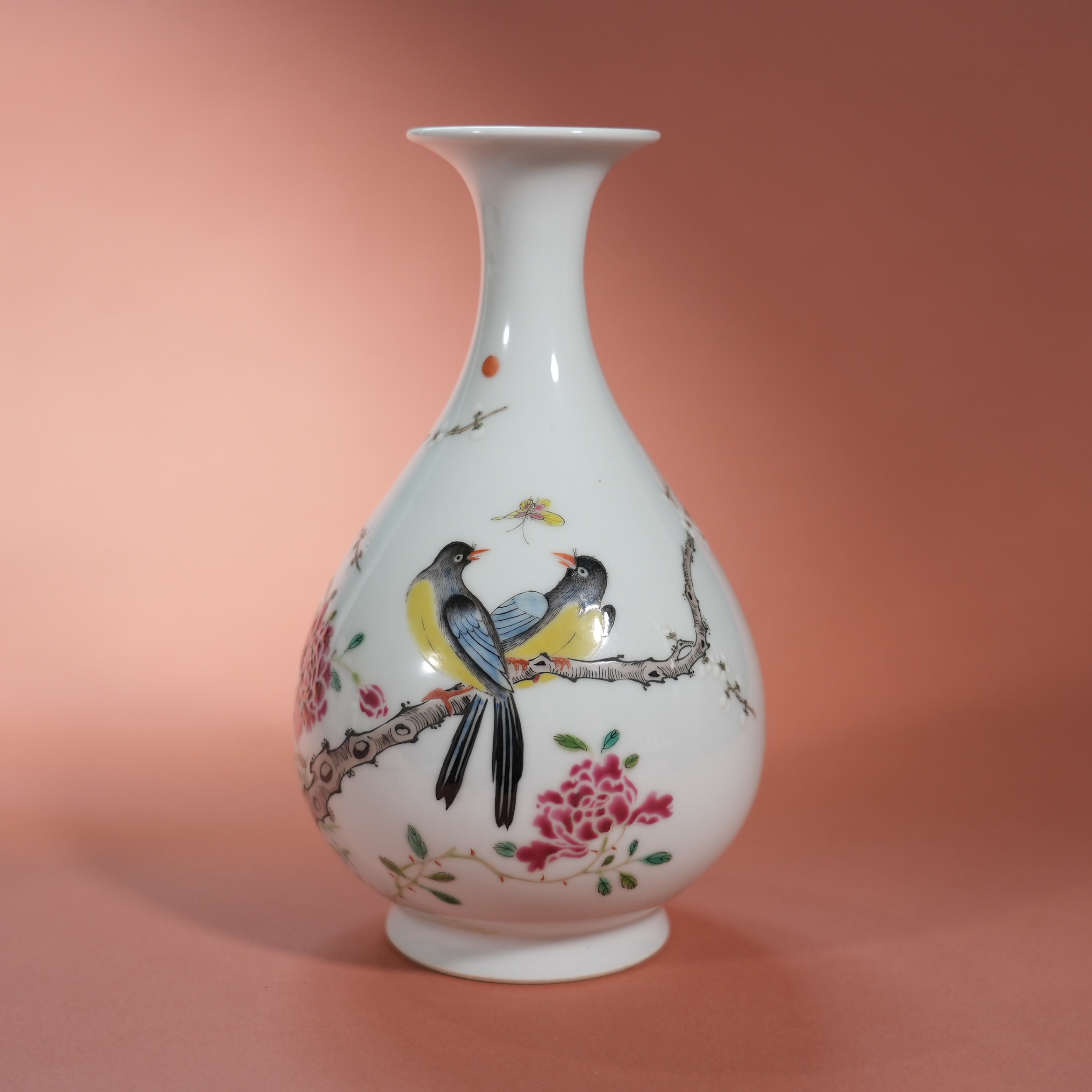 Ancient Chinese Famille Rose Yuhuchun Vase with Bird and Flower Motifs