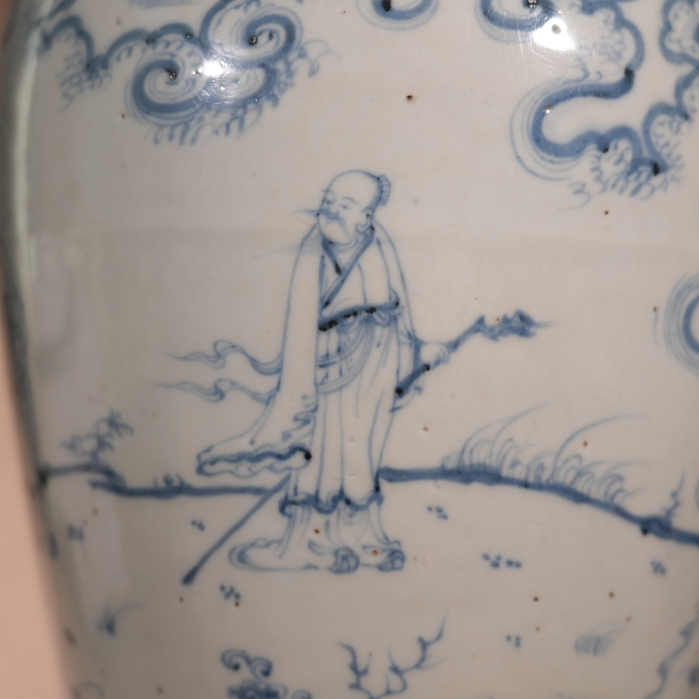 Ancient Chinese Blue and White Meiping Vase with Line-Drawn Figure Story Motifs