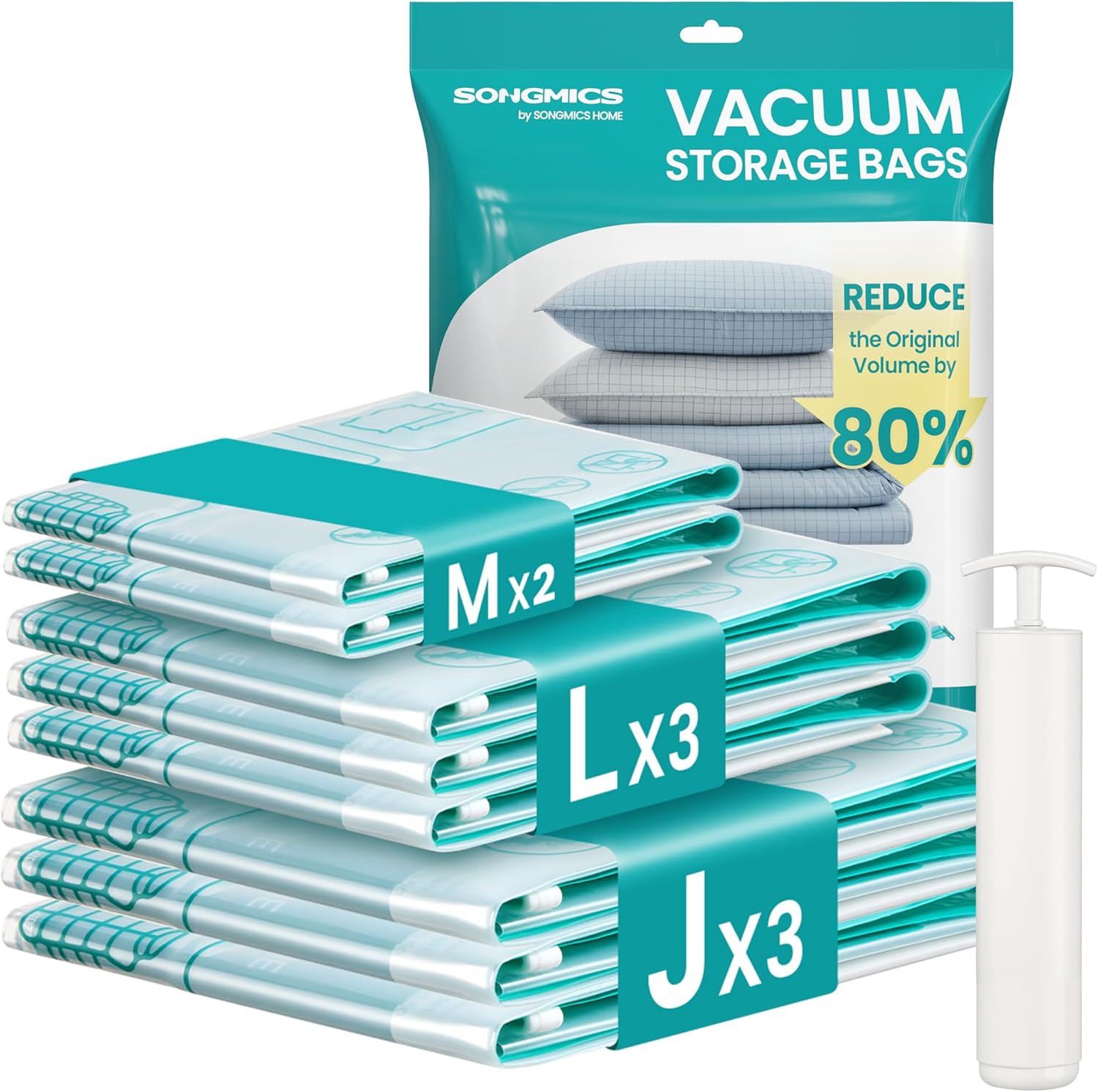 SONGMICS Bolsas de Almacenamiento al Vacío, Bolsa de Almacenaje para Ropa, Sábanas, Armarios y Viaje, Compactas y Reutilizables, Juego de 6, Tamaño J, Transparente LVB103W101
