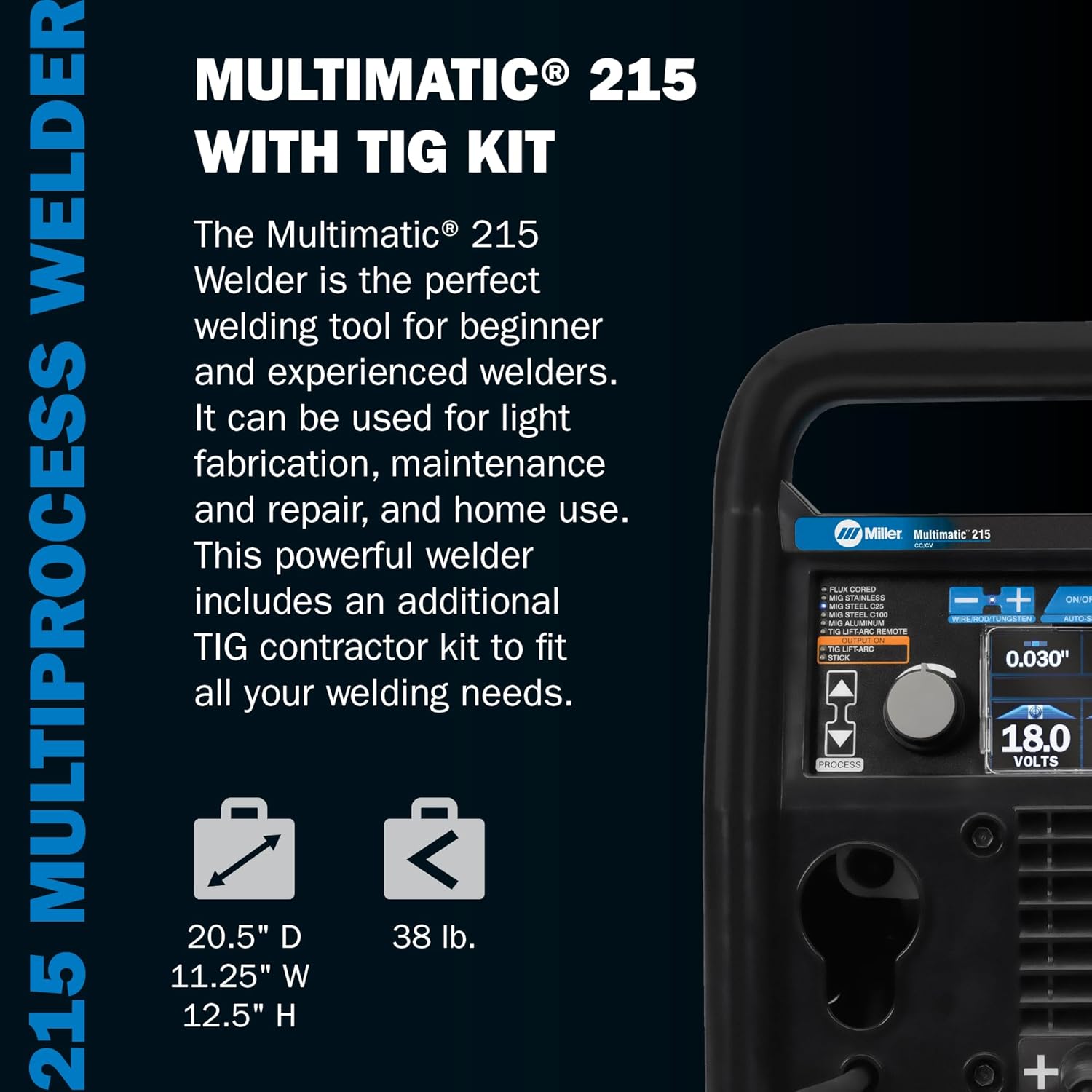 Miller Multimatic 215 Multiprocess Welder with TIG Kit - Multi-Process MIG. DC Stick. DC TIG & Flux Core Welding Engine Machine - Compatible MIG Welder Machine with Multi-Voltage Plug for 120V&240V