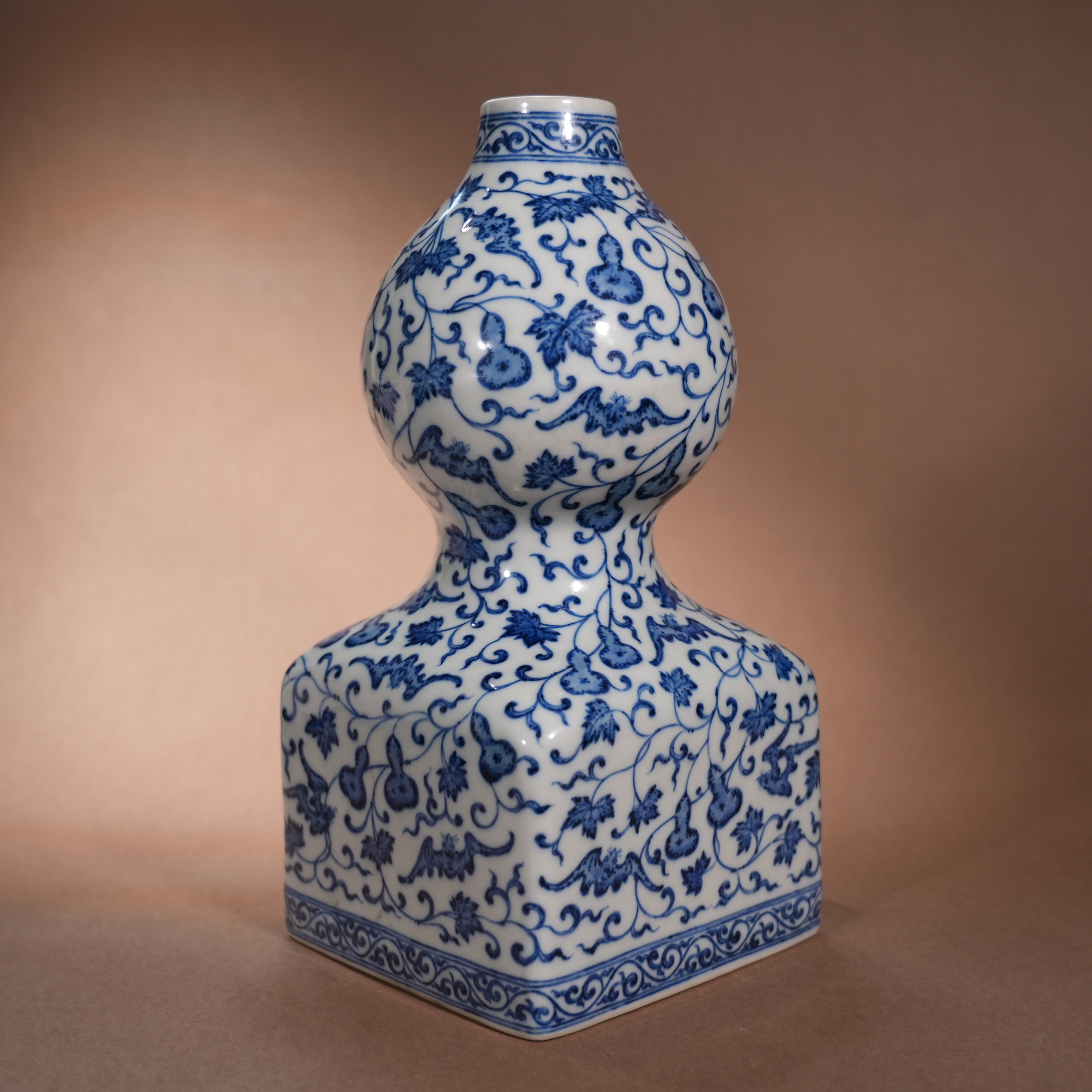 Chinese Blue and White Square Gourd Vase with Fu Lu Motifs