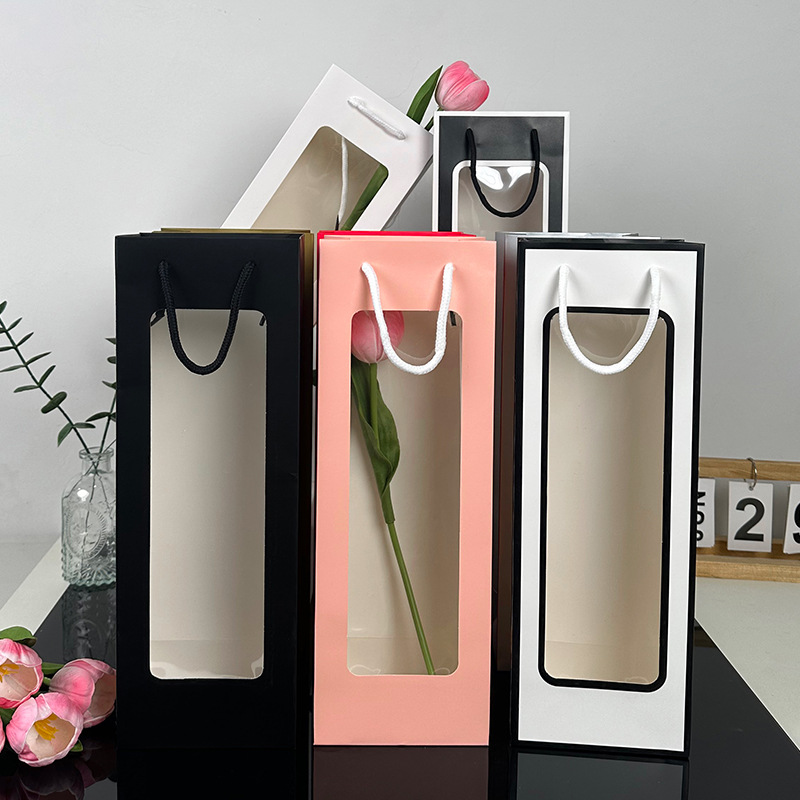 Factory Stock Long Handheld Wine Paper Bag, Transparent Pvc Window Gift Bag, Flower Bouquet Packaging Bag For Bulk Wholesale