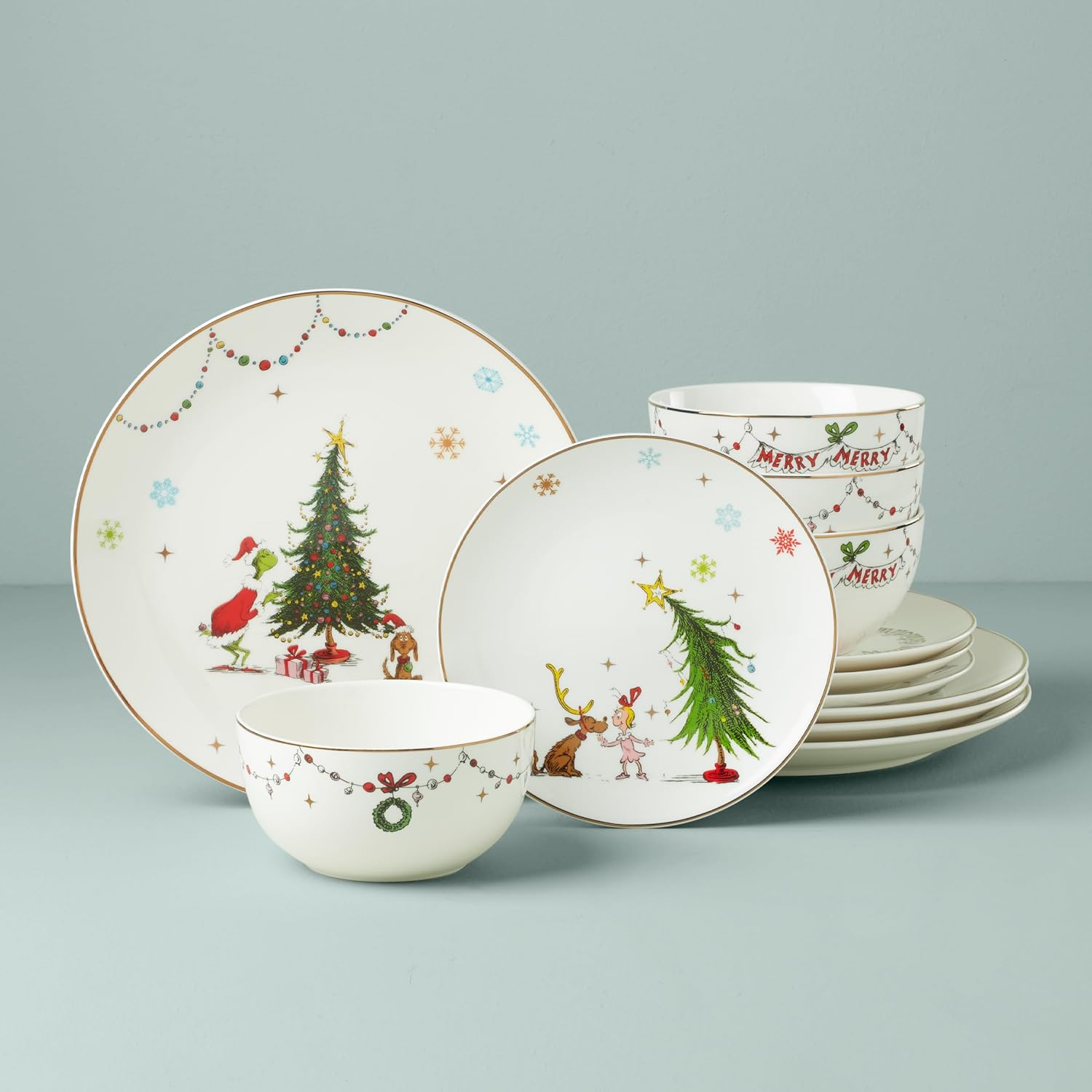 Lenox 895051 Merry Grinchmas 12-Piece Dinnerware Set. Green. 12 Count. Christmas. Holiday Hosting