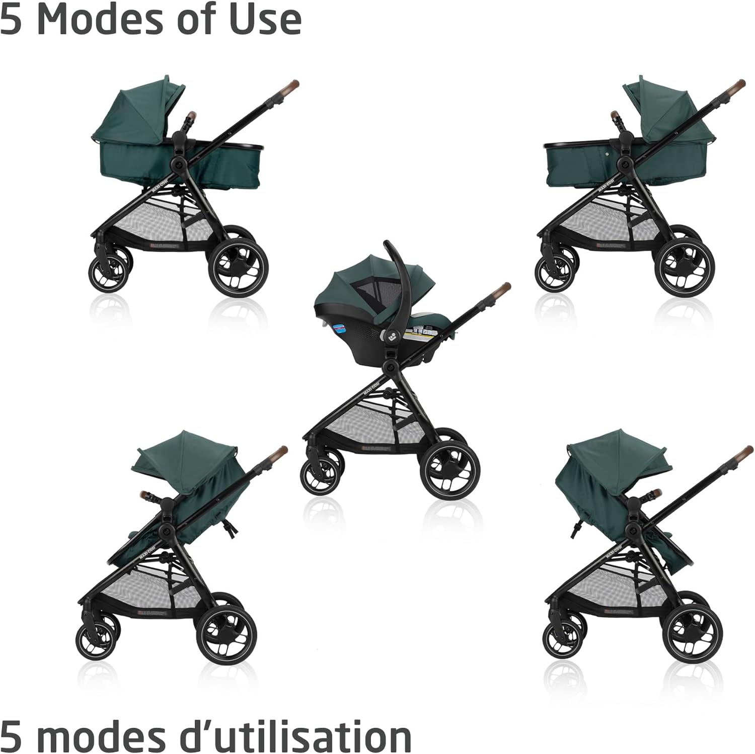 Maxi-Cosi New Generation Zelia Luxe 5-in-1 Modular Travel System. Carriage Mode. Reversible Toddler Seat. Mico Infant Car Seat (included). Enhanced All-Terrain Wheels. Use from Birth – Essential Green
