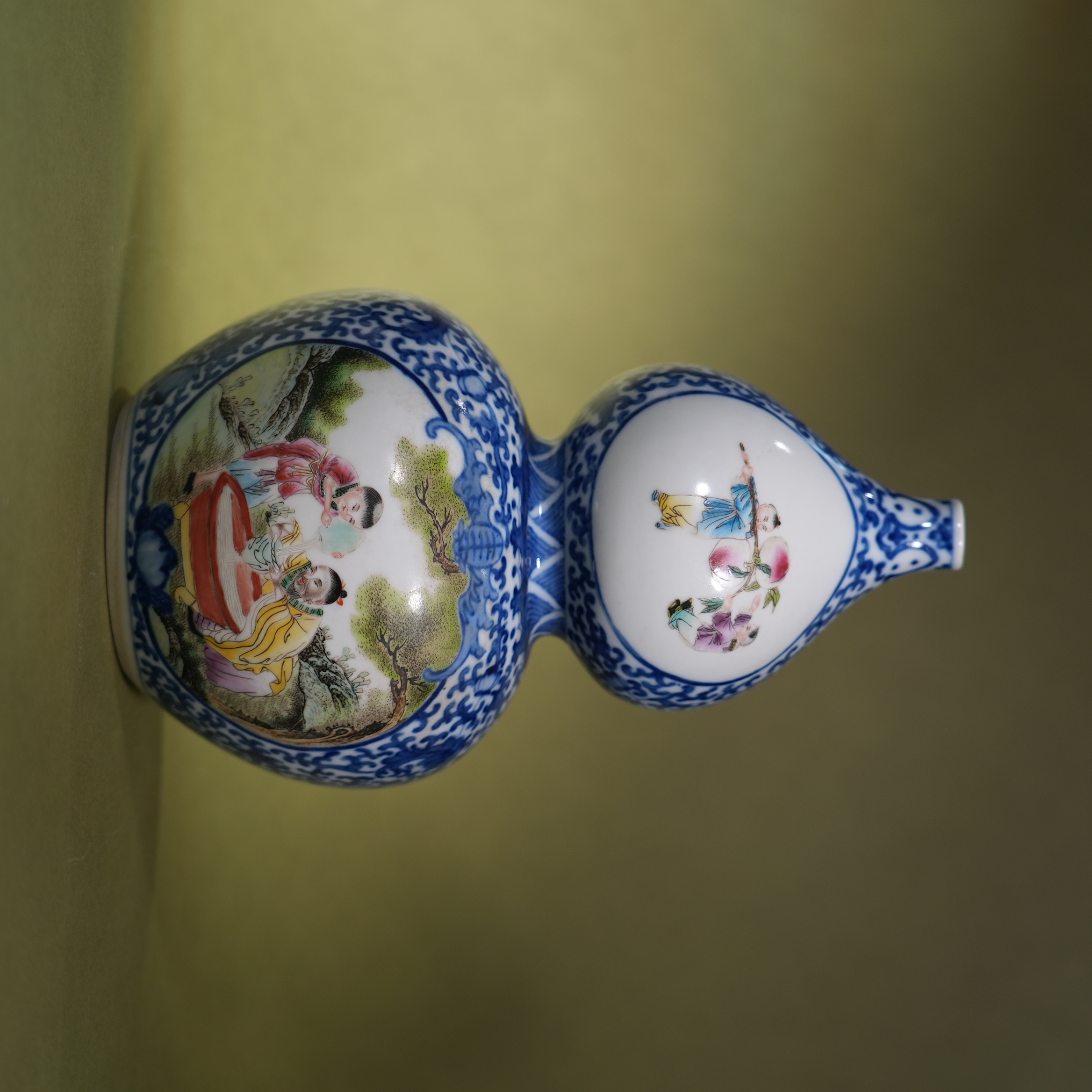 Ancient Chinese Blue and White Famille Rose Figural Gourd Porcelain Vase