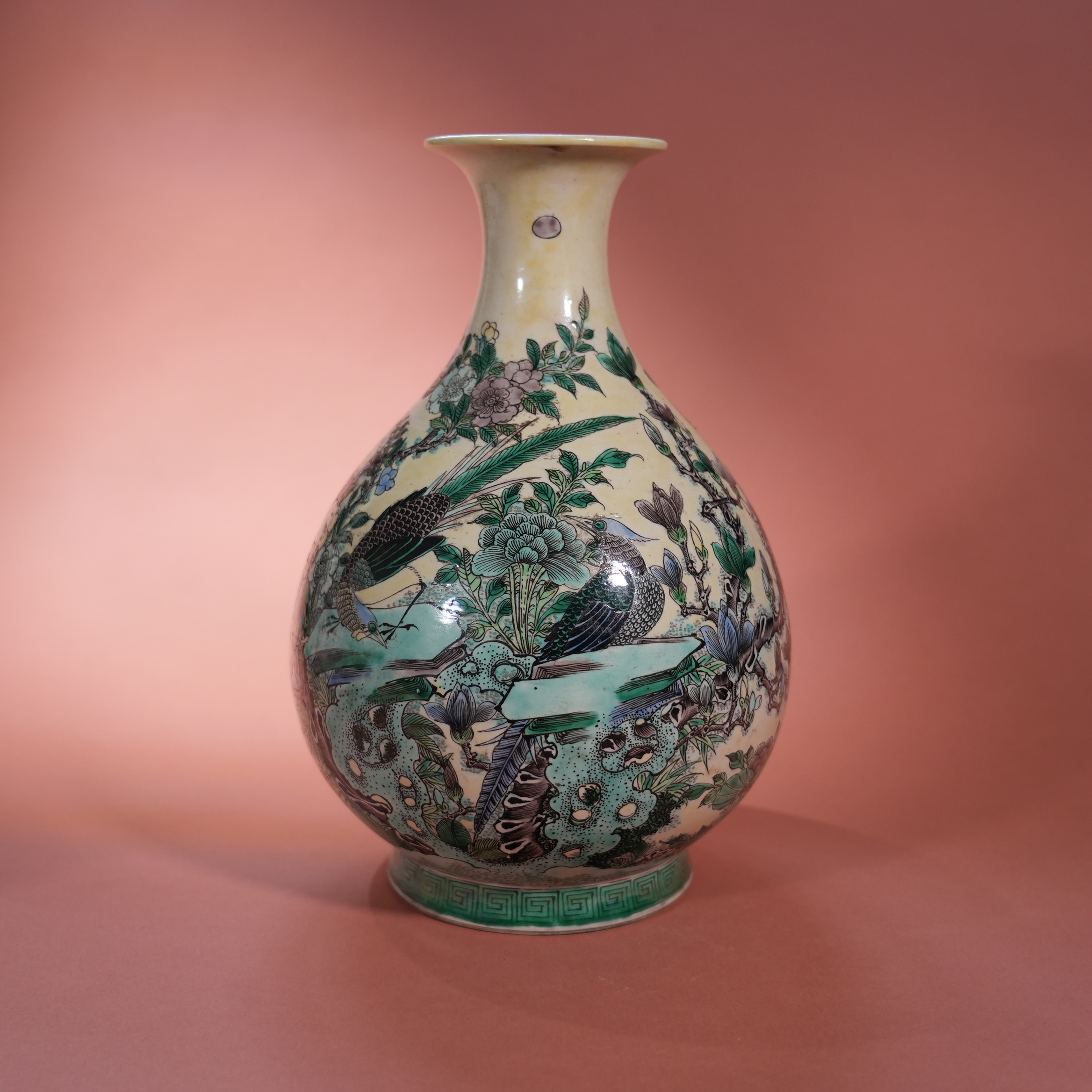 Ancient Chinese Wucai Yuhuchun Vase with Bird and Flower Motifs