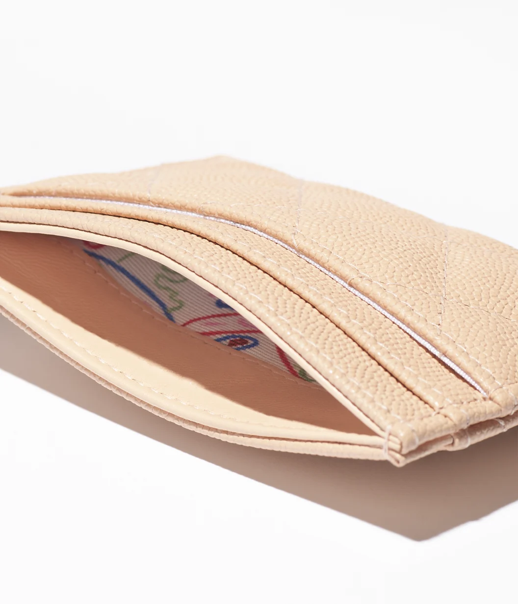 Card Holder Shiny Grained Calfskin & Silver-Tone Metal Beige