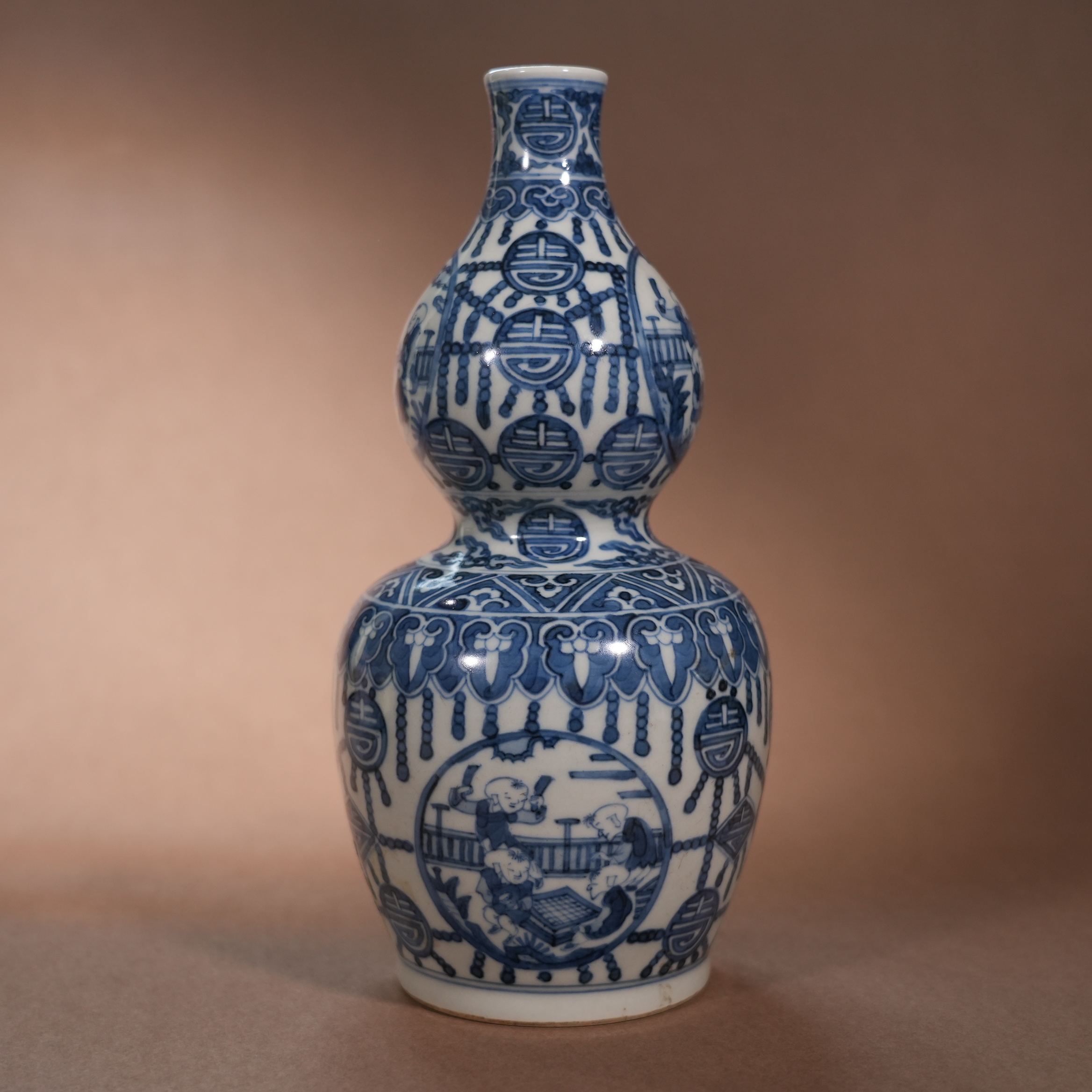 Ancient Chinese Blue and White Gourd Vase with Shou Characters and Children-at-Play Motifs