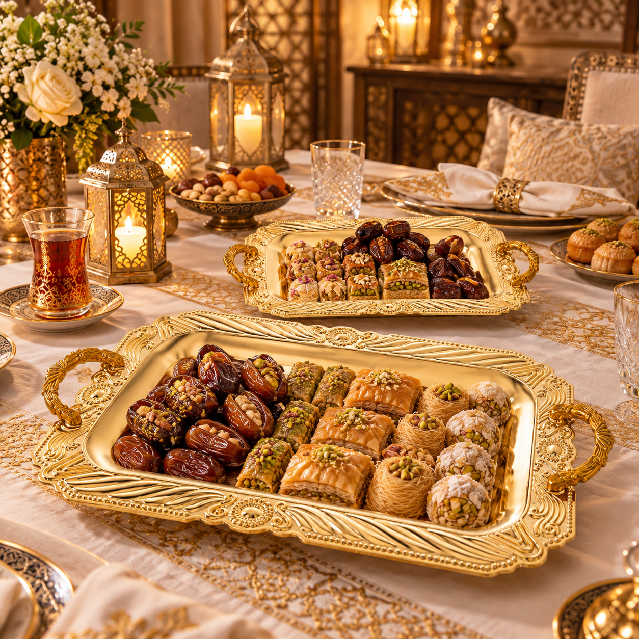 Arabian Royal Ornate Serving Tray with Decorative Handles, Vintage Floral Engraved Luxury Platter for Ramadan Eid Coffee Dates Dessert Wedding Table Decor