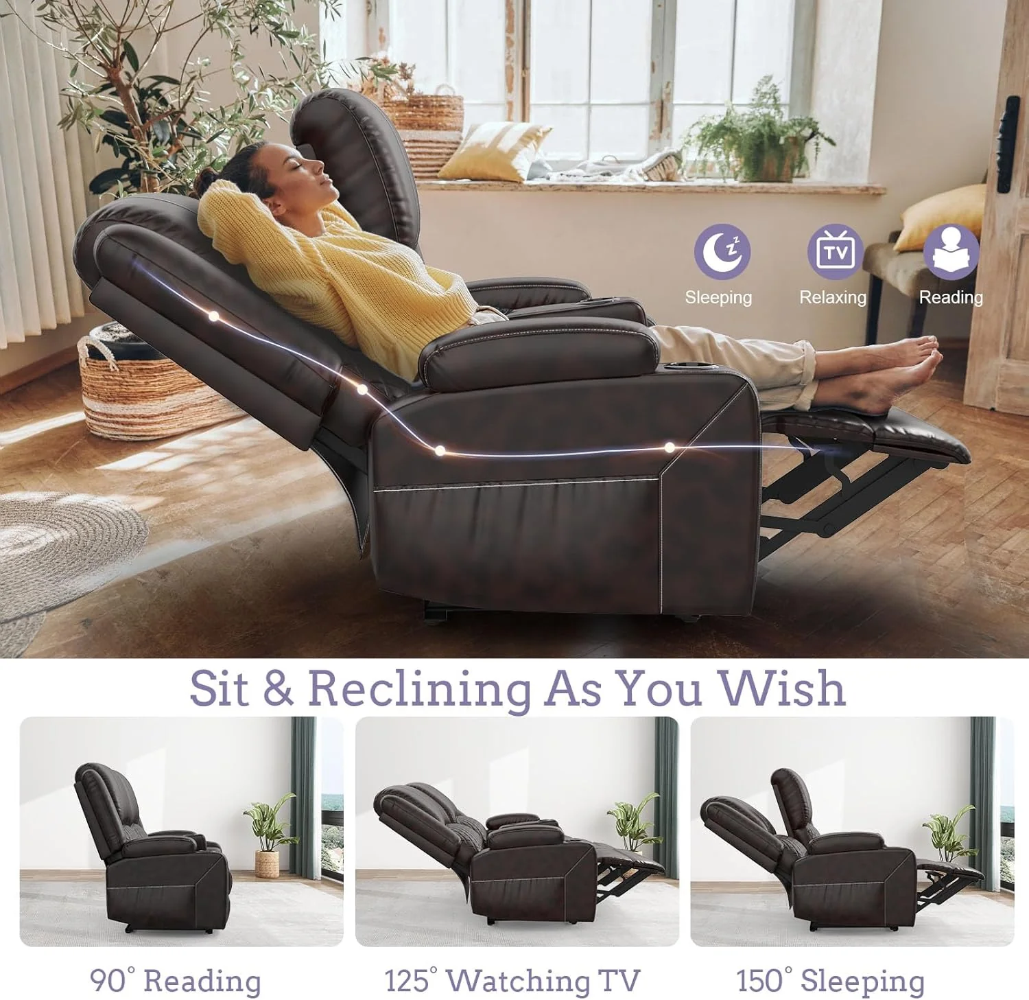 The two-seater sofa is adjustable. It features a semi-automatic relaxation function. a relaxation chair cover. an internal tray stand on the control console. dual USB ports. and side pockets
