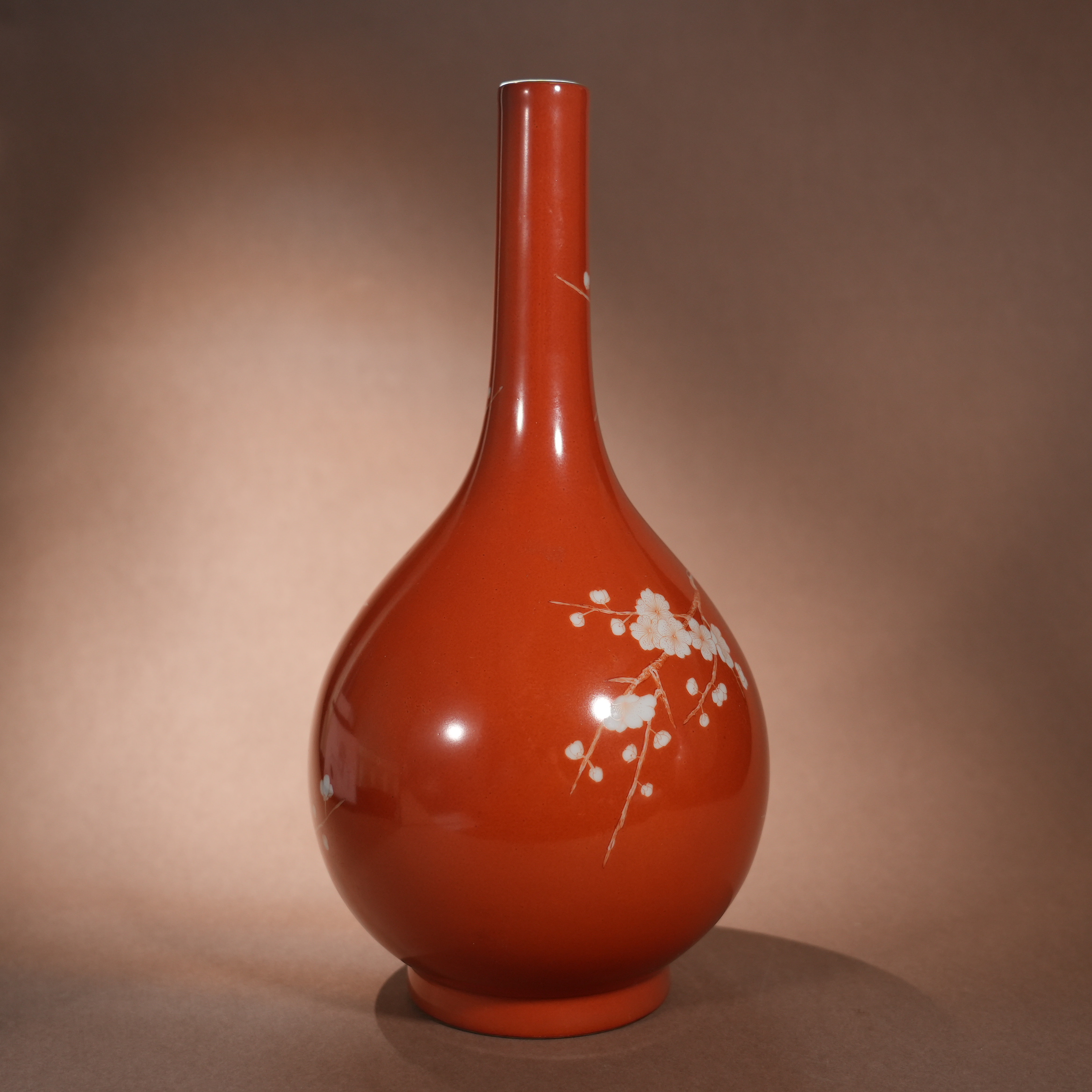 Ancient Chinese Coral-Red Ground Vase with Plum Blossom Motifs (Dan Ping Shape)