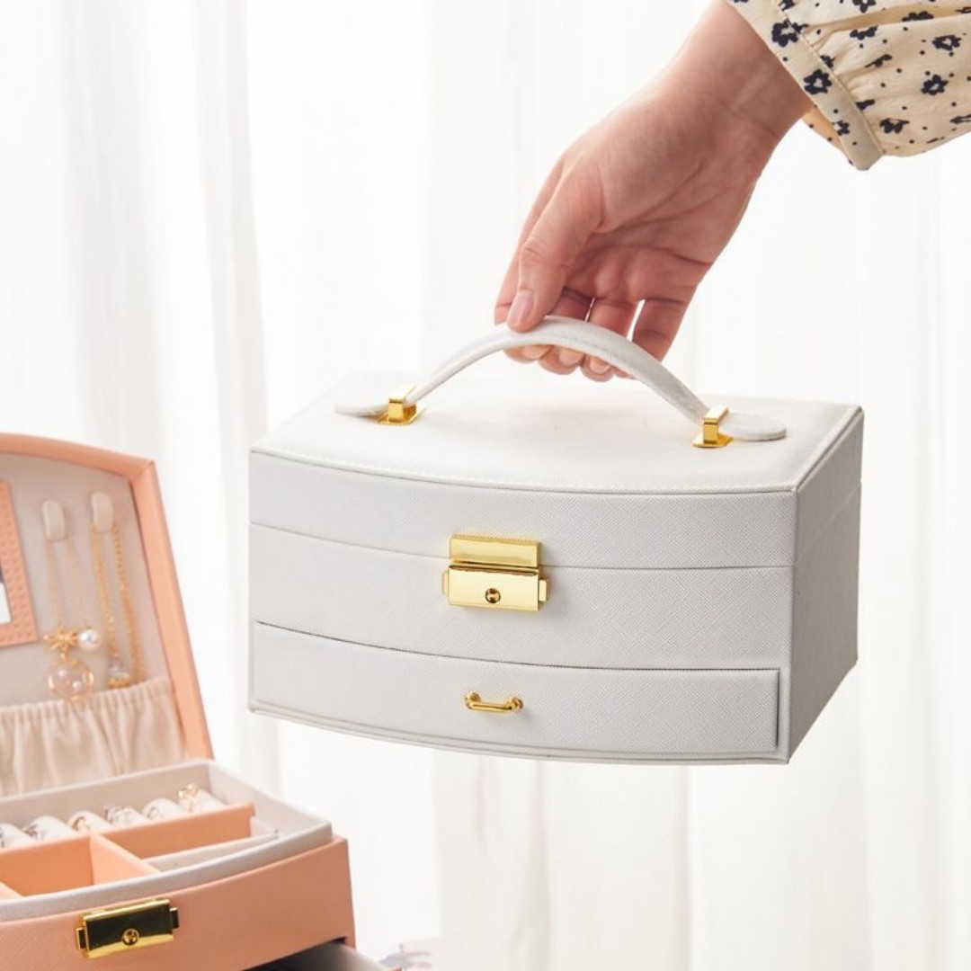Jewelry Box for Women Girls, 2 Layers Jewelry Organizer Container with Lock, PU Leather Storage Case with Removable Tray, Jewelry Display Box for Necklaces Earrings Bracelets Rings Watches custom logo