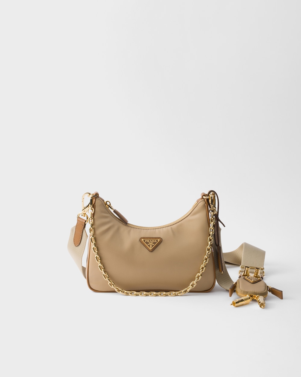 Prada Re-Edition 2005 Re-Nylon and Saffiano leather bag with charm Camel/Caramel