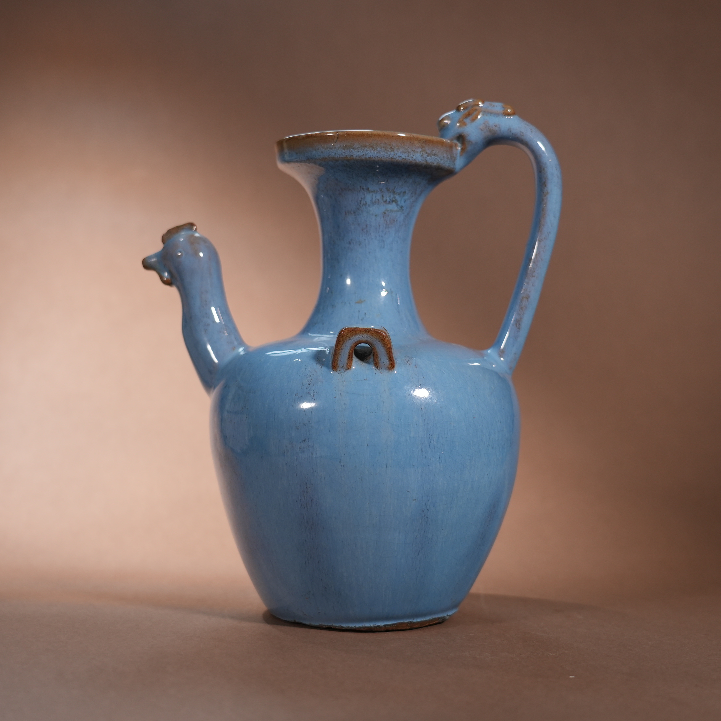 Ancient Chinese Sky-Blue Glazed Ewer with Phoenix Spout and Dragon Handle